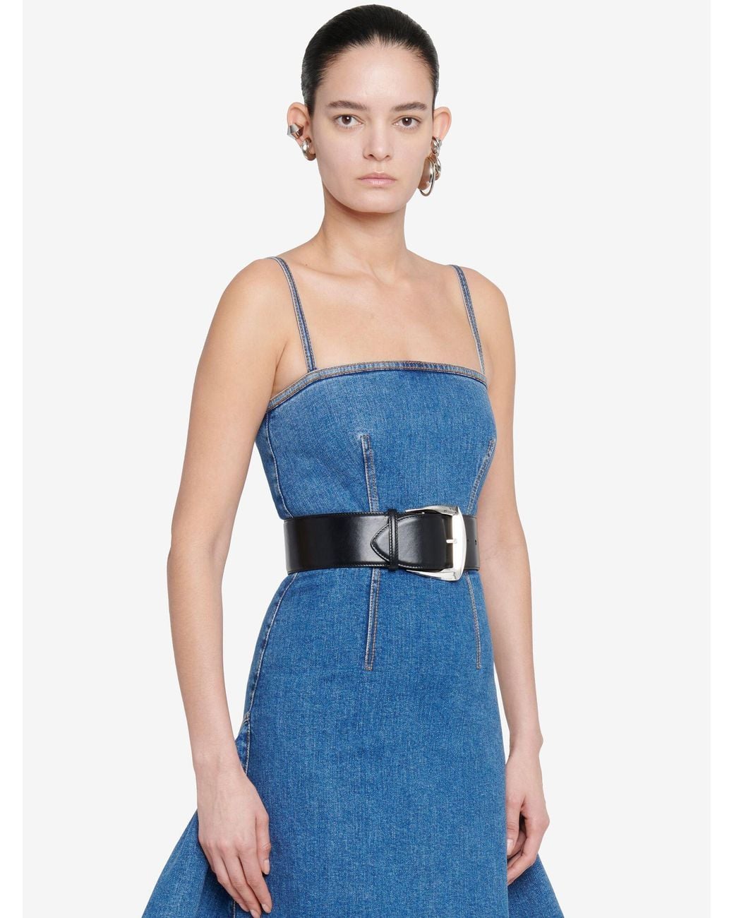 McQueen Spaghetti Strap Denim Mini Dress in Blue