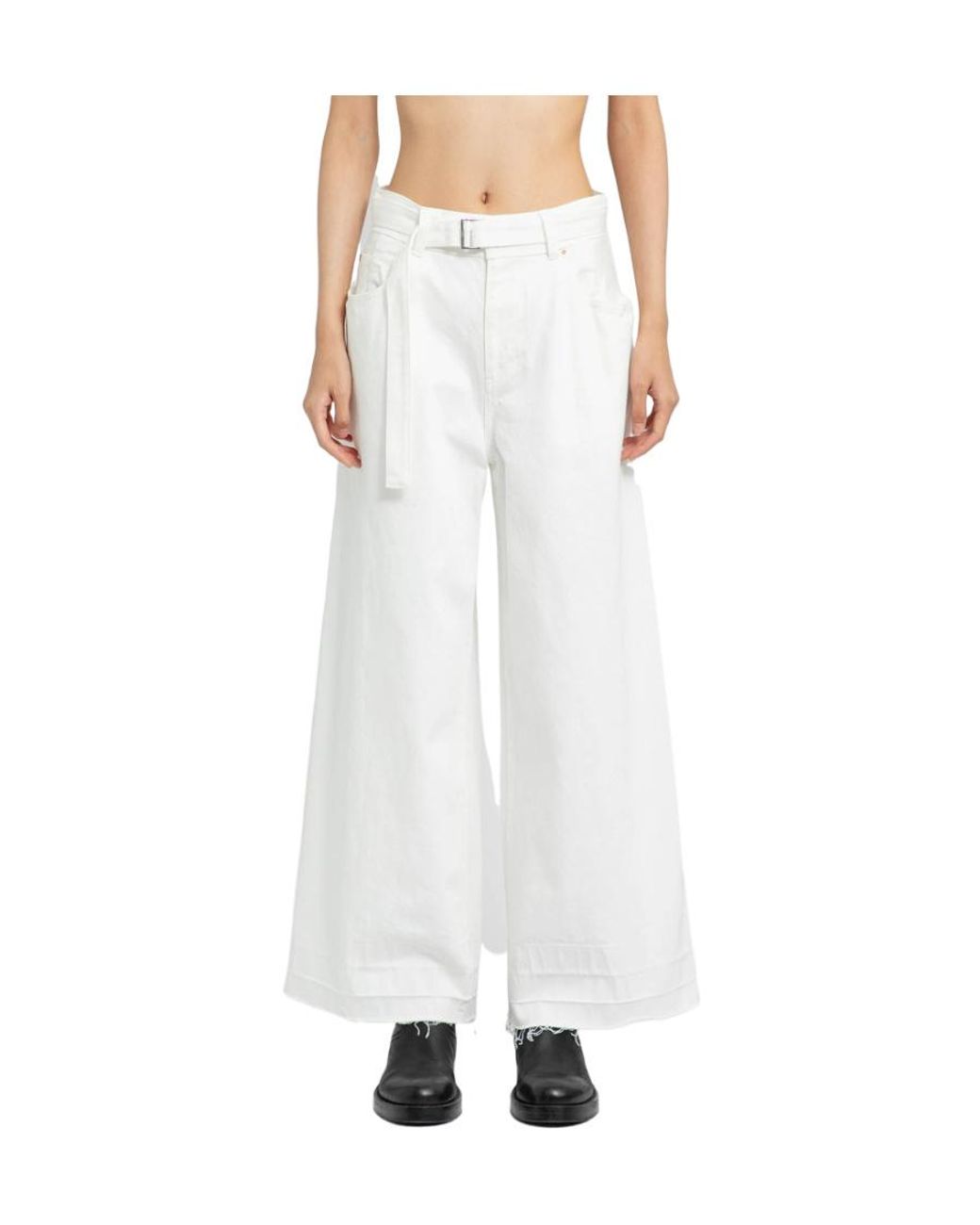 Sacai White High-Waisted Belted Flared Jeans