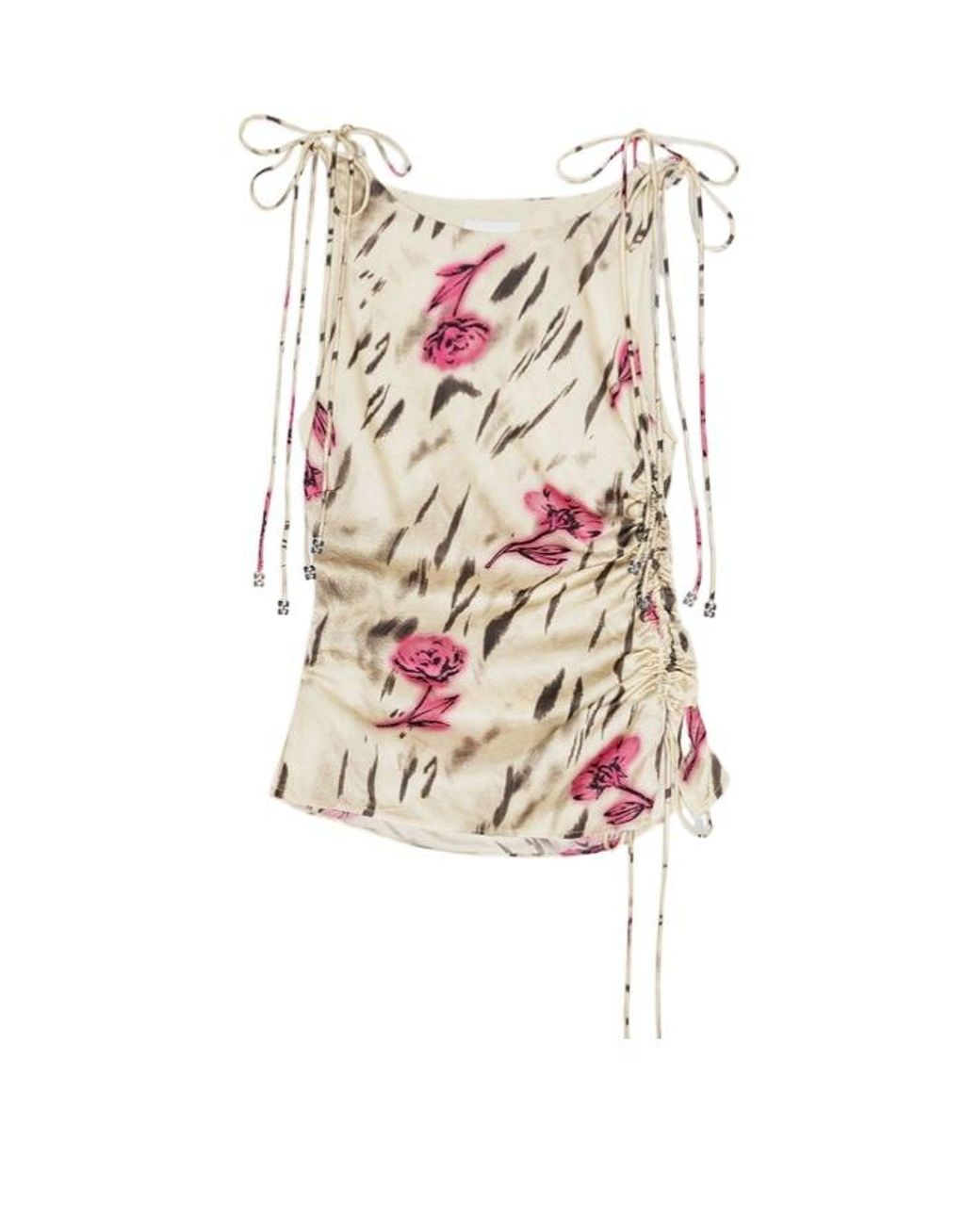 Ganni White Graphic Printed Stretch Satin Gathered Top