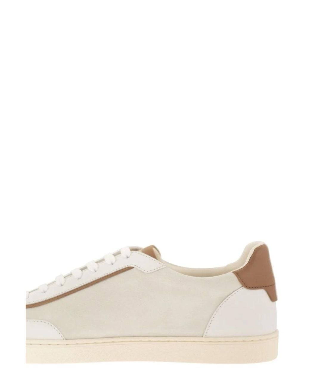 Brunello Cucinelli White Low-Top Leather And Suede Sneakers With Contrasting Details for men