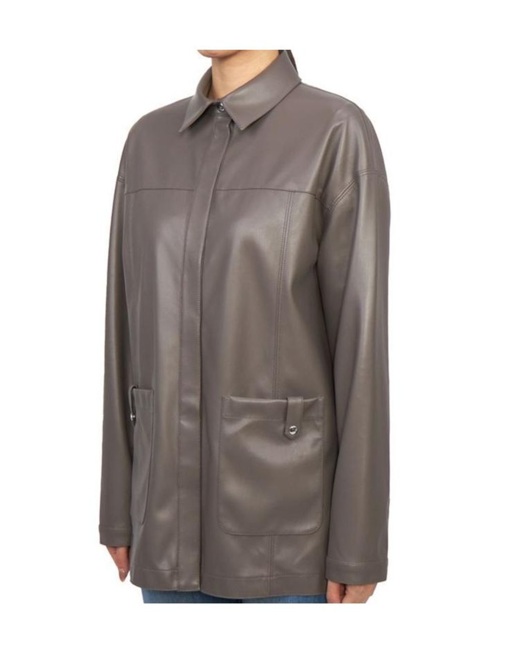 Max Mara Gray Collared Long-Sleeved Leather Jacket
