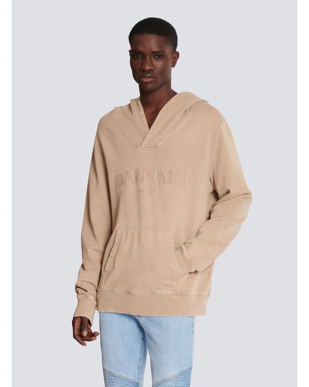 Balmain Natural Embroidered Logo Hoodie for men