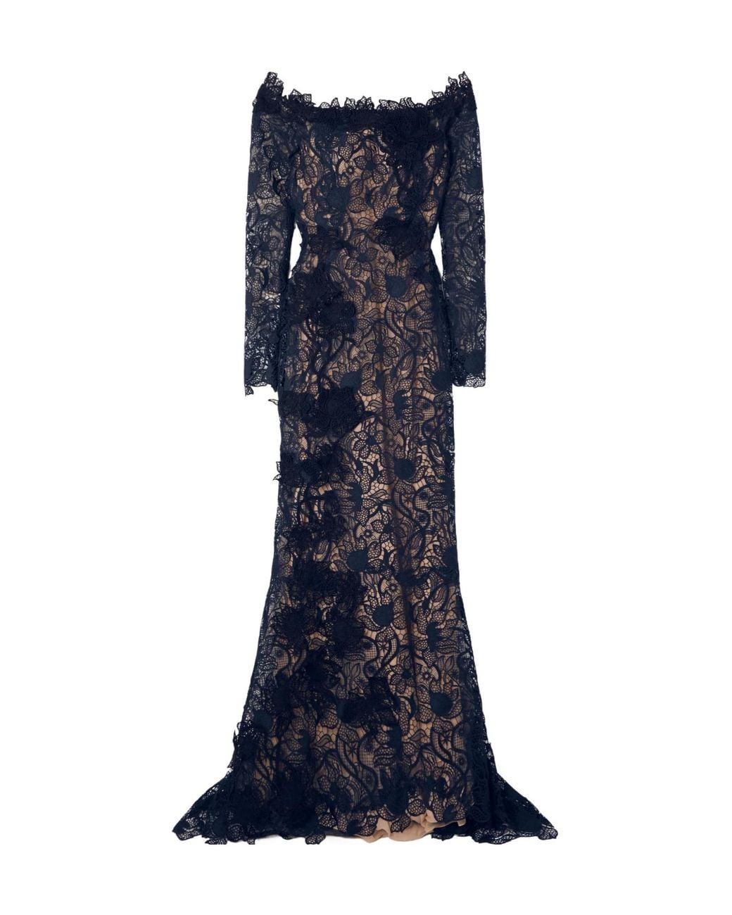 Oscar de la Renta Blue Off-The-Shoulder Appliquéd Guipure Lace Gown