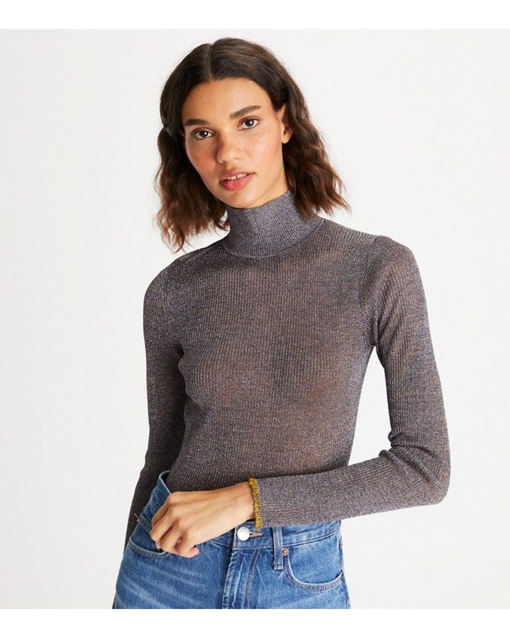 Tory Burch Gray Lurex Turtleneck Jumper