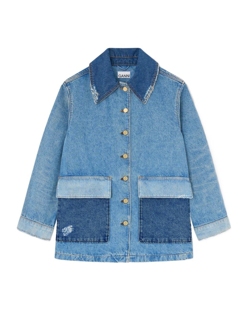 Ganni Blue Patchwork Midi Denim Jacket