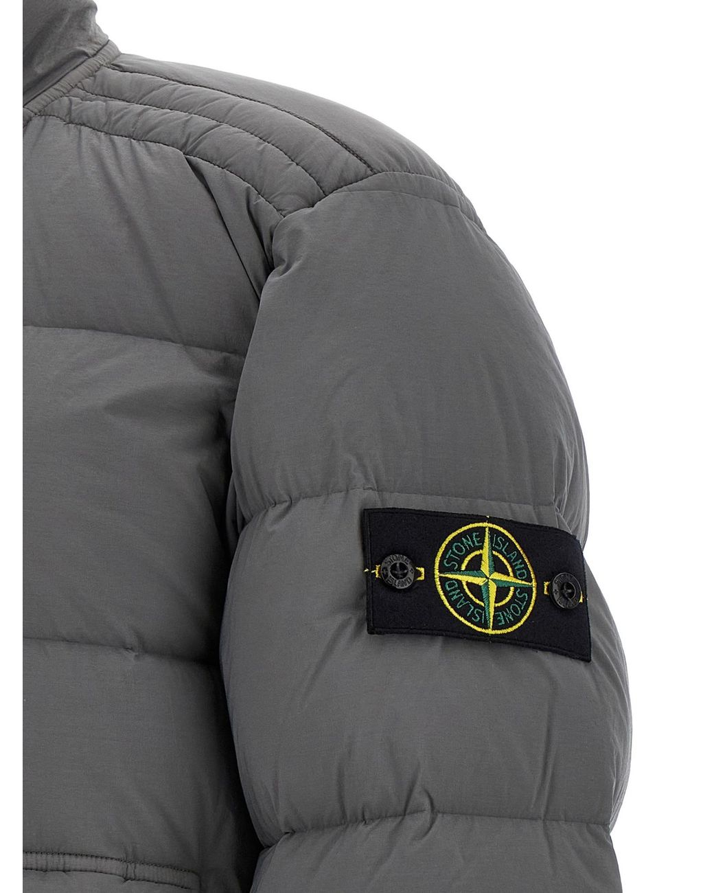 Stone Island Gray Quilted Padded Jacket With High Collar And Distinctive Patch for men