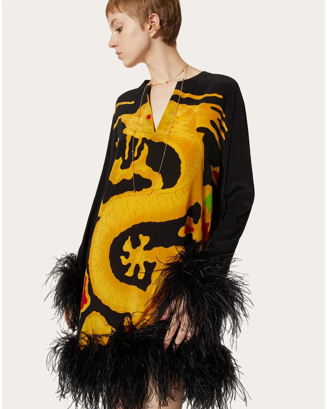 Valentino Yellow Dragon-Print Feather-Trim Silk Dress