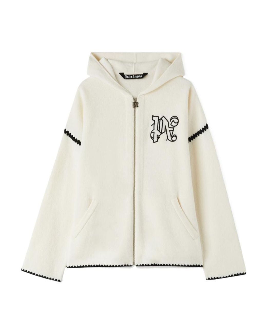 Palm Angels Natural Monogram Embroidered Zipped Knitted Hoodie for men