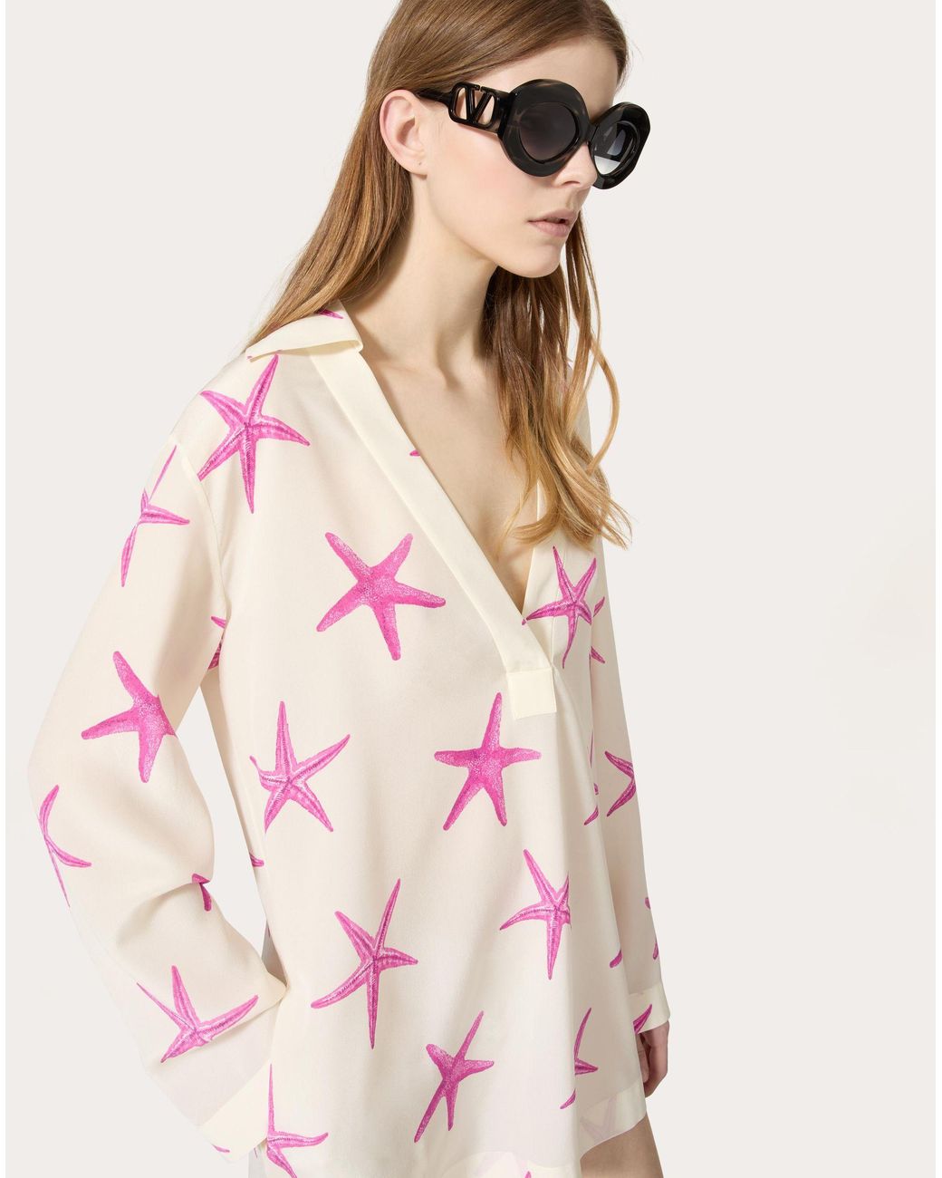Valentino Pink All-Over Star Patterned V-Neck Dress