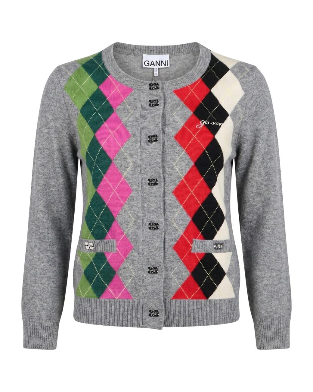Ganni Gray Geometric Wool Knit Cardigan