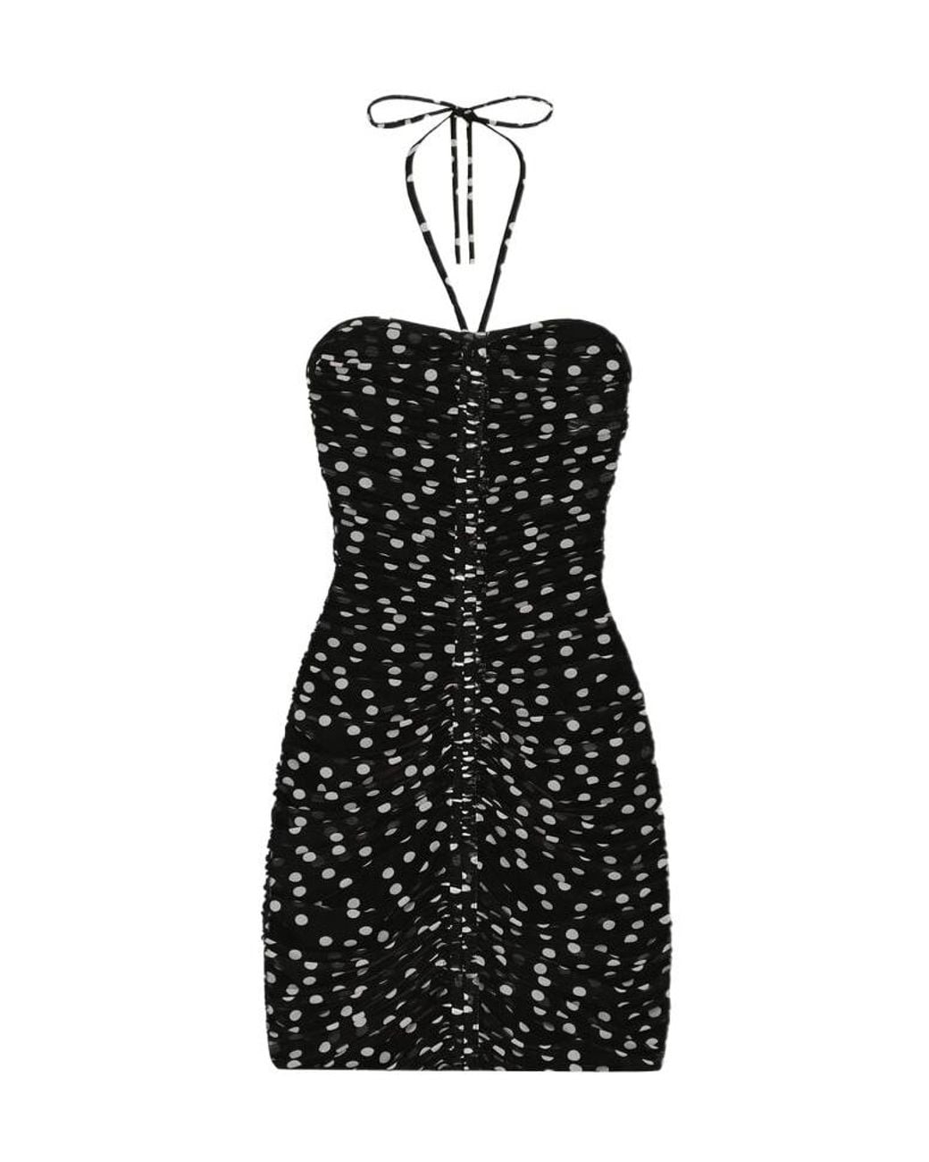 Dolce & Gabbana Black Polka-Dot Printed Draped Mini Tulle Dress