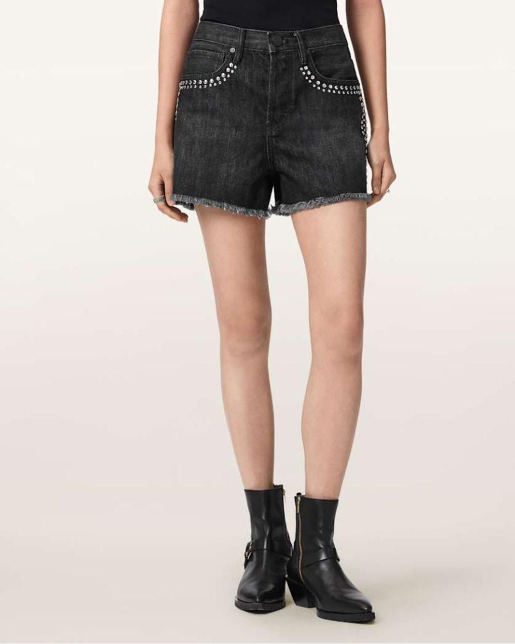 AllSaints Black Heidi High Waisted Stud Denim Shorts