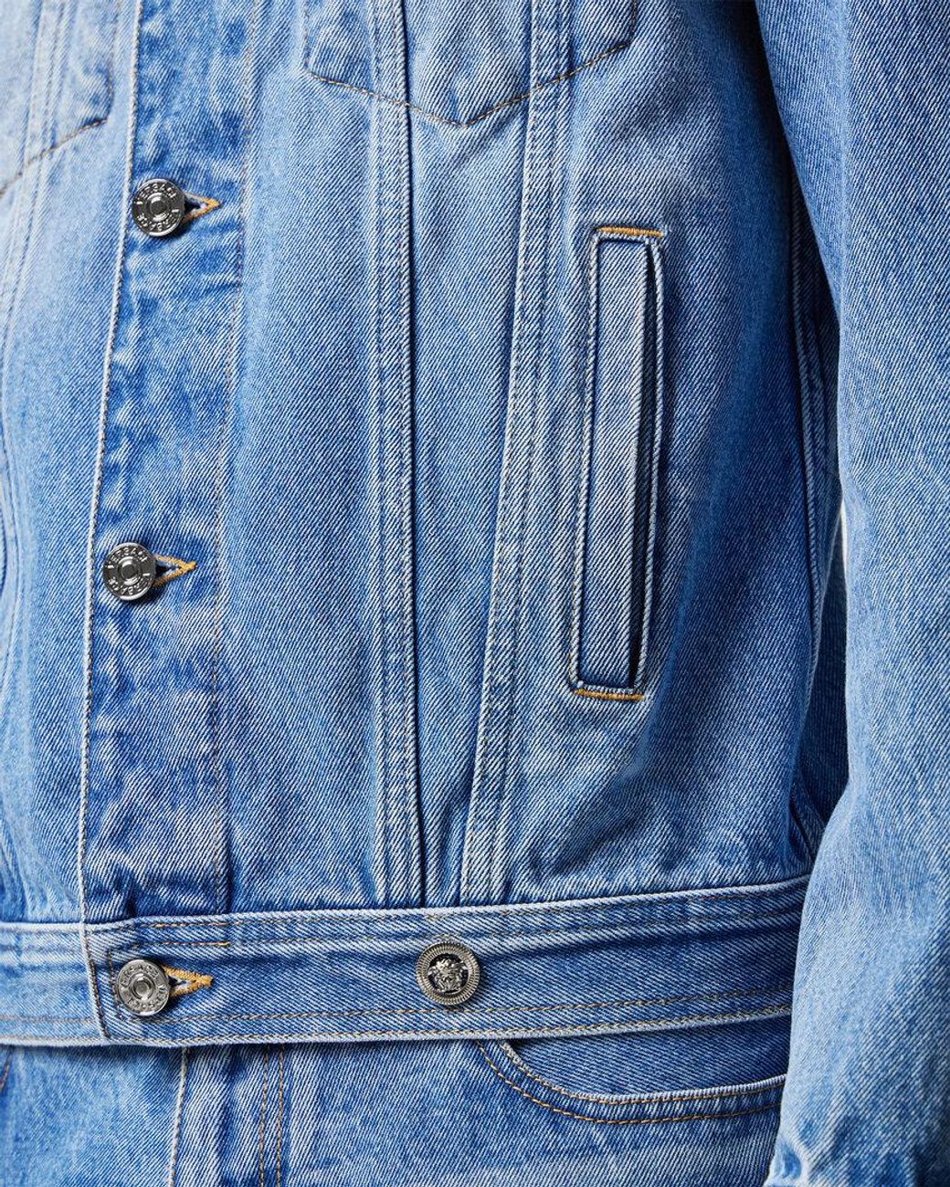 Versace Blue Medusa Biggie-Embellished Buttoned Denim Jacket for men