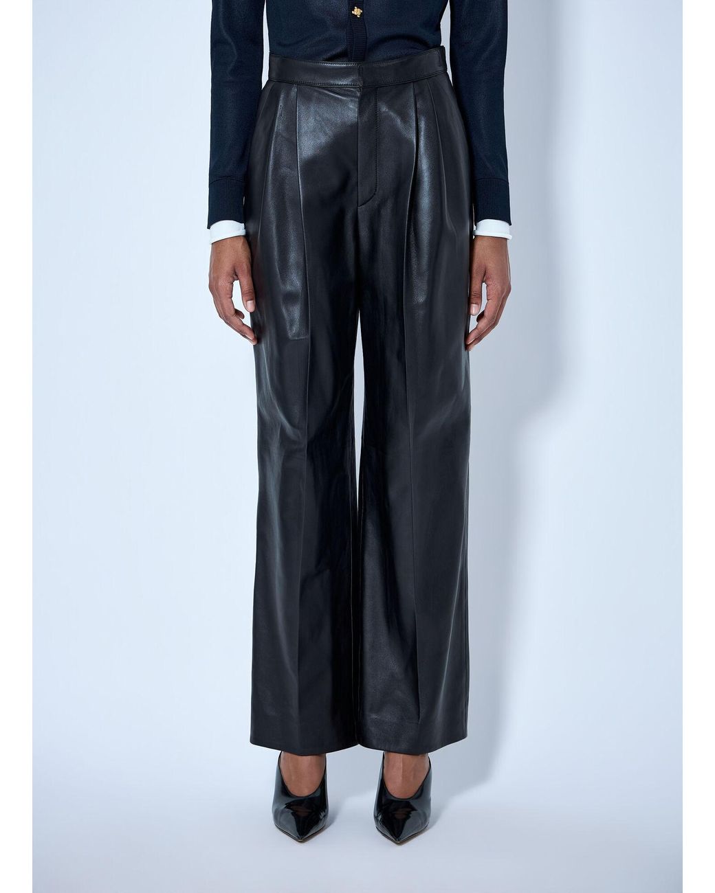 Bottega Veneta Black Shiny Wide-Leg Leather Pants