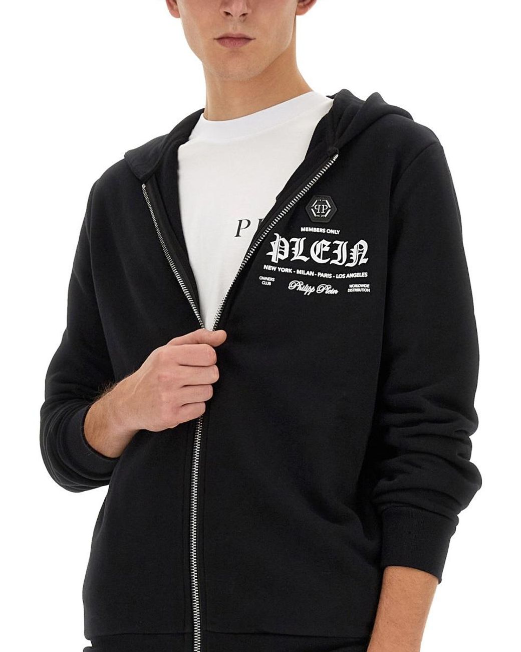 Philipp Plein Black Logo Printed Zipped Hoodie for men