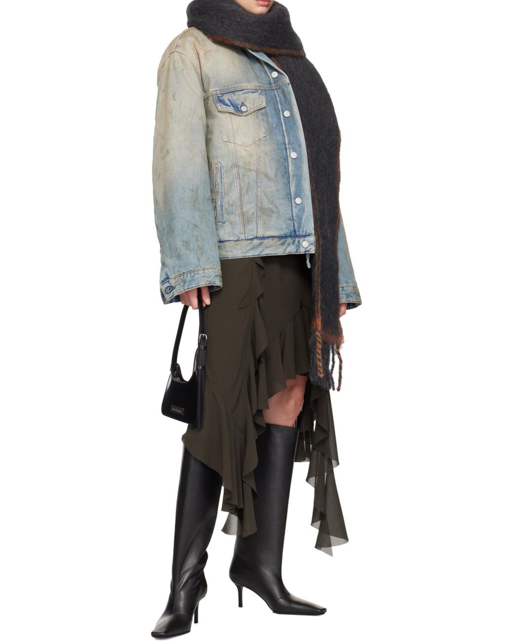 Acne Black Logo Patch Fringed-Edge Scarf