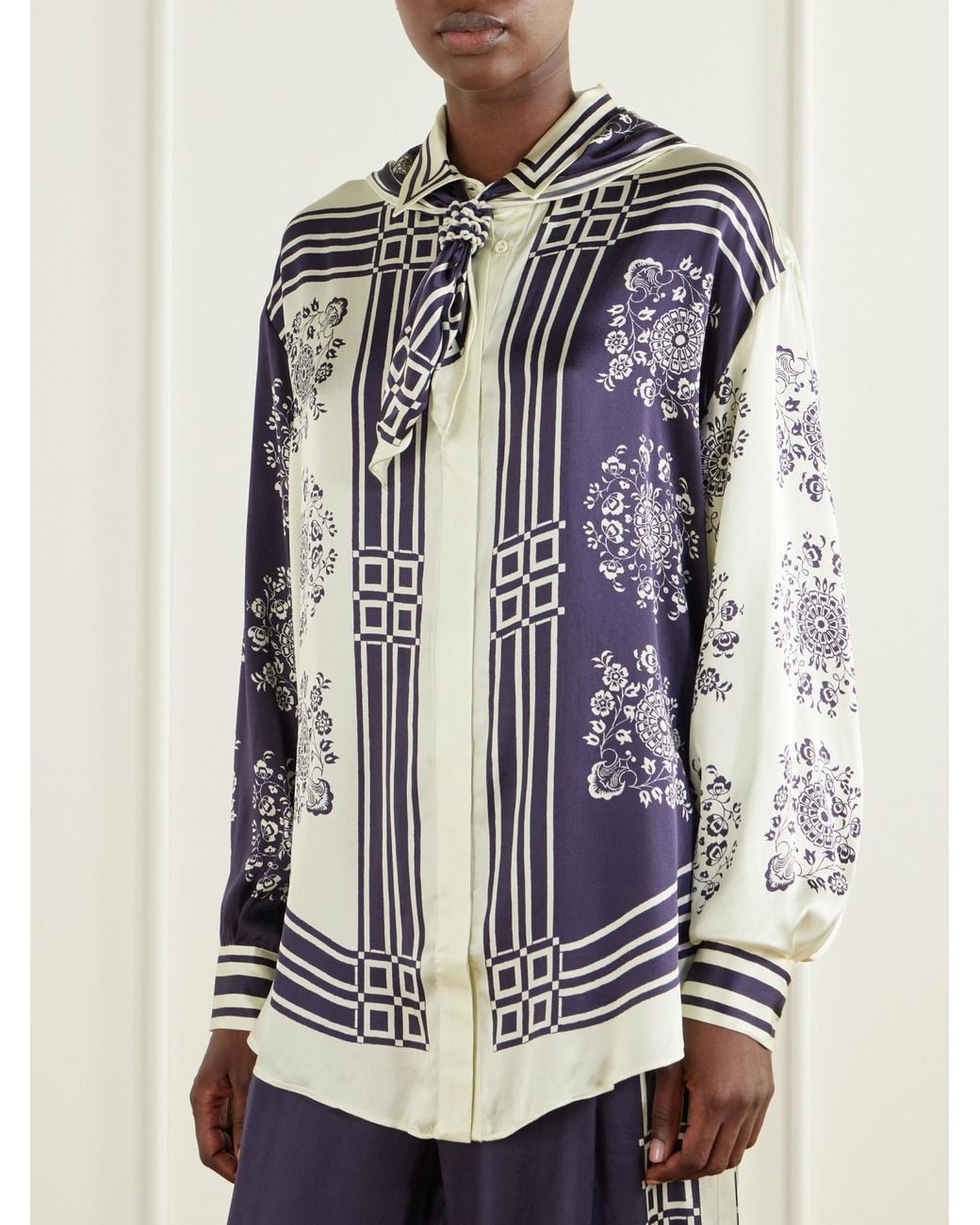 ALÉMAIS Multicolor Banderra Scarf-Detailed Printed Silk-Satin Shirt
