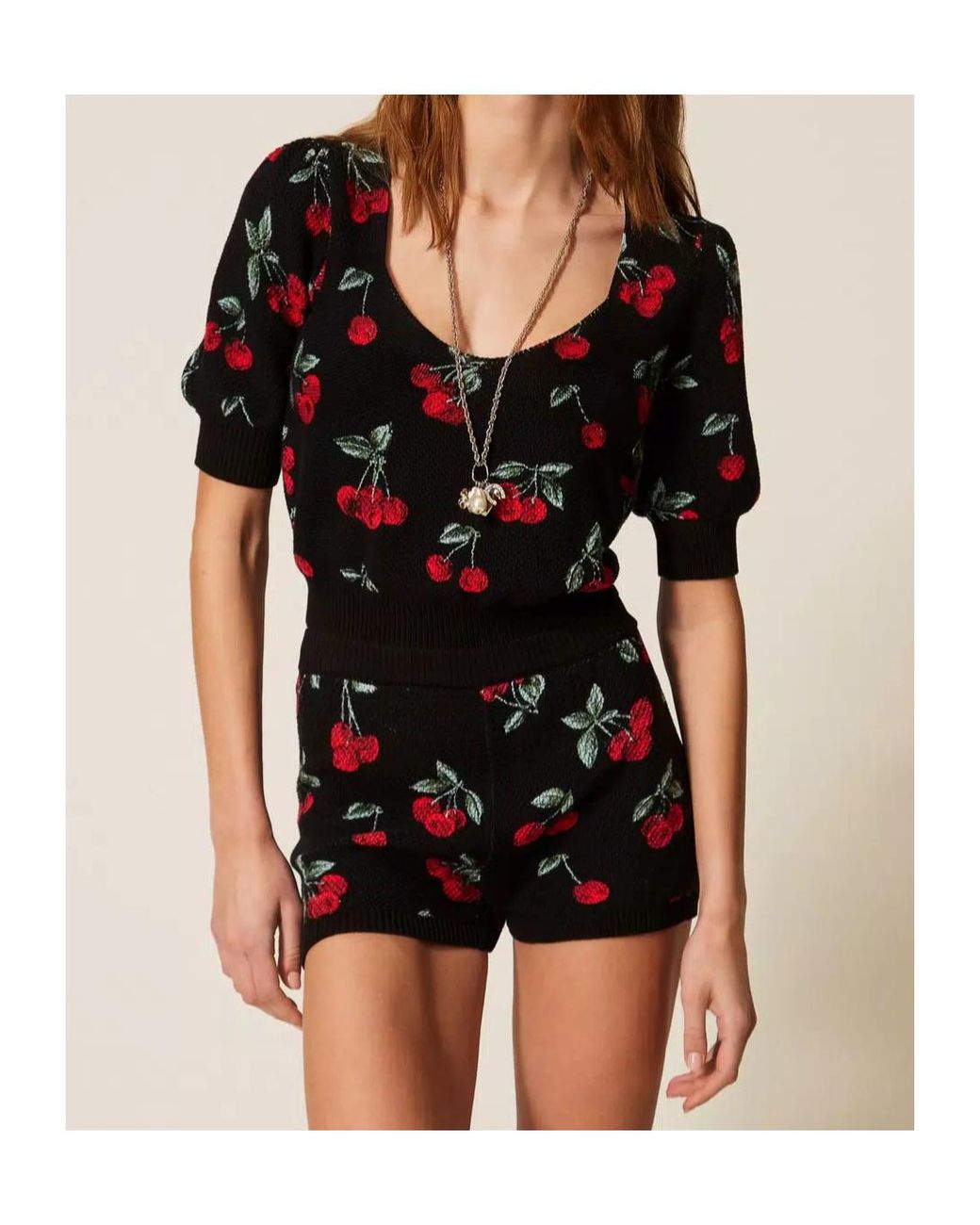 Twinset Blue Cherry-Print Short-Sleeve Knitted Top