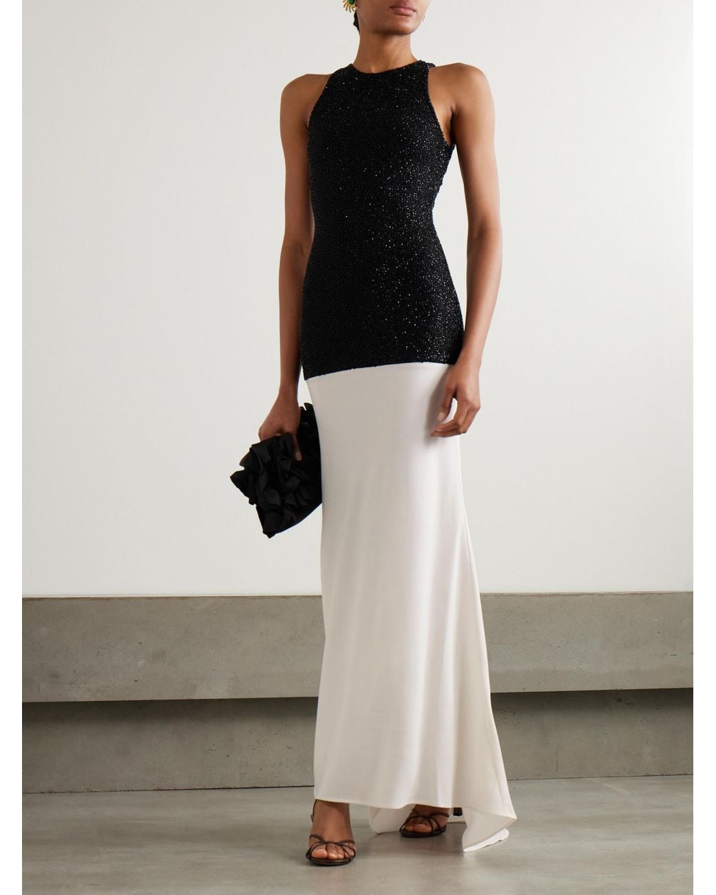 Staud White Gabrielle Layered Bead-Embellished Mesh And Crepe Gown