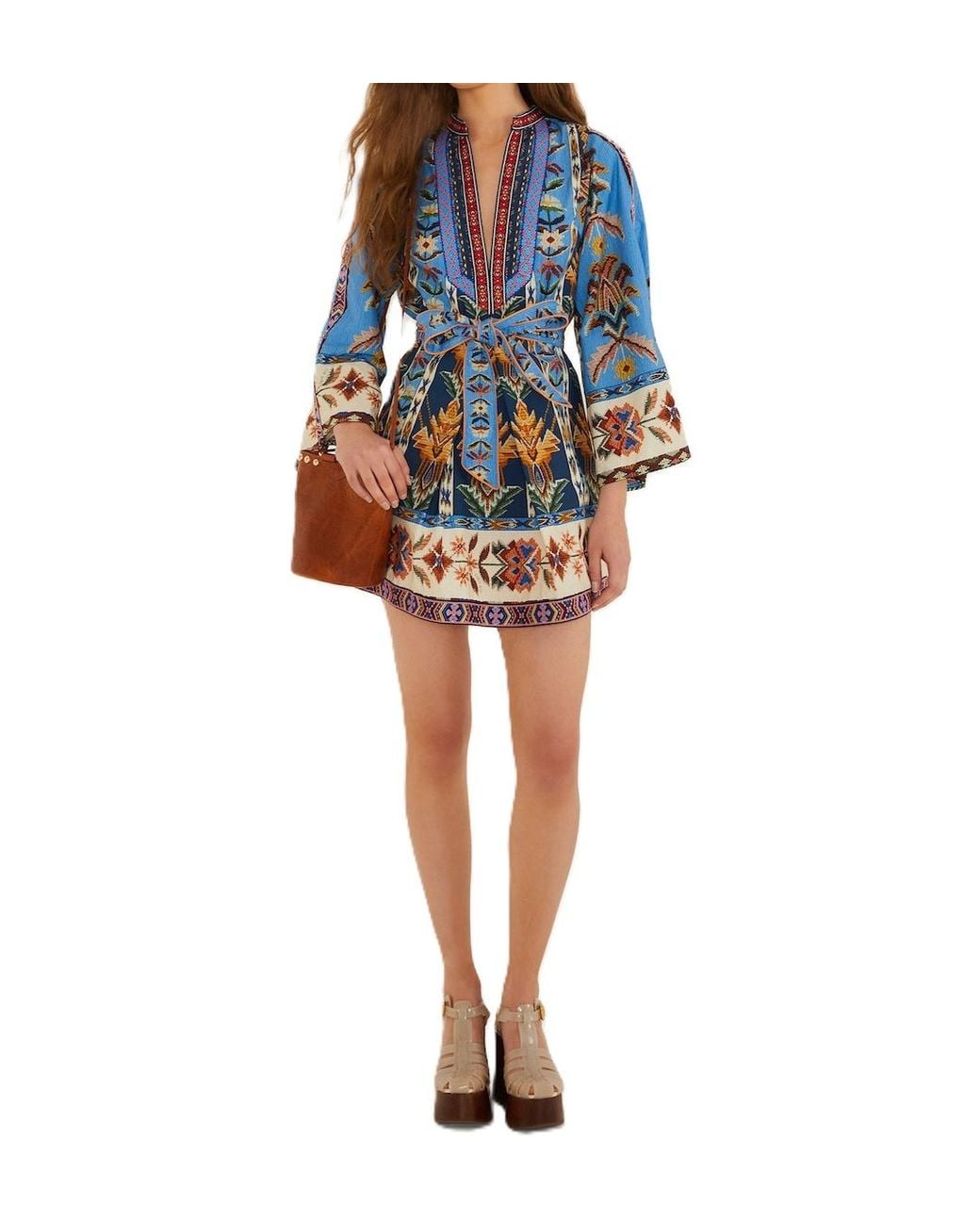 Farm Rio Blue Embroidered V-Neck Mini Dress