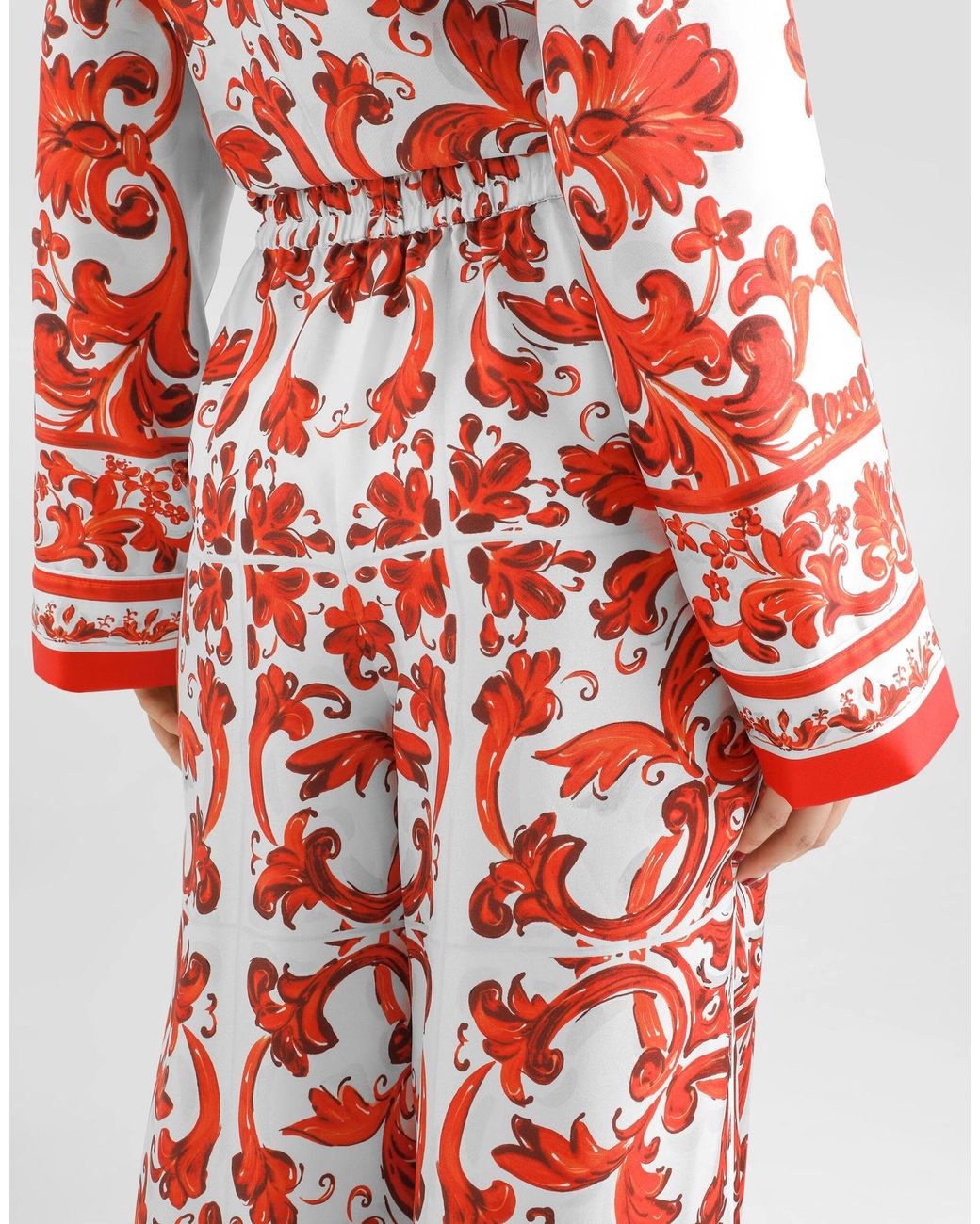 Dolce & Gabbana Red Silk Majolica Wide-Leg Trousers