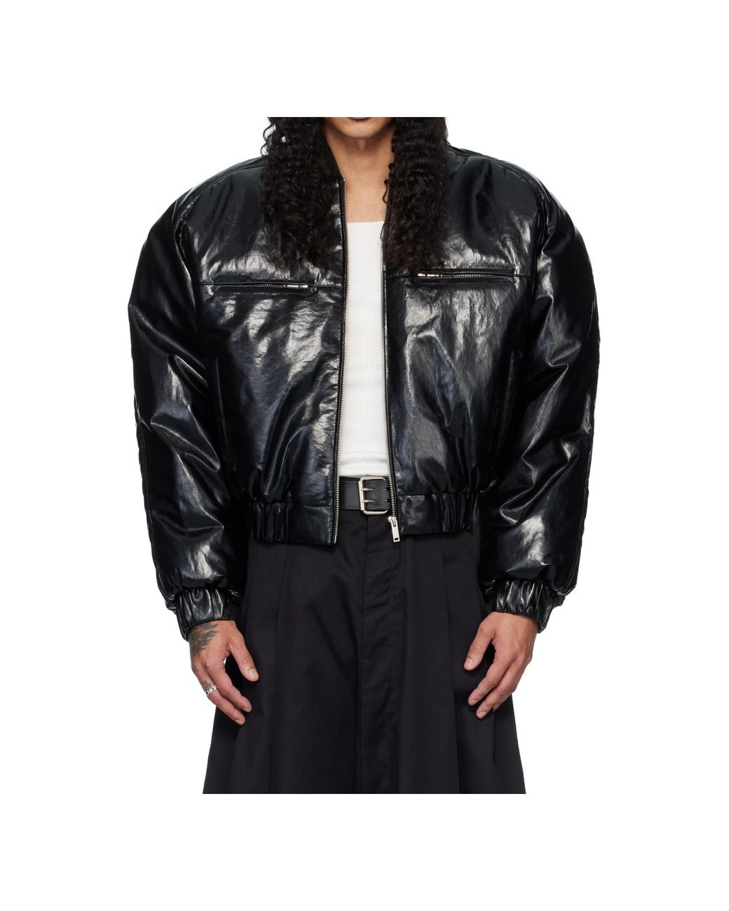 Lu'u Dan Black Long-Sleeved Faux Leather Bomber Jacket for men