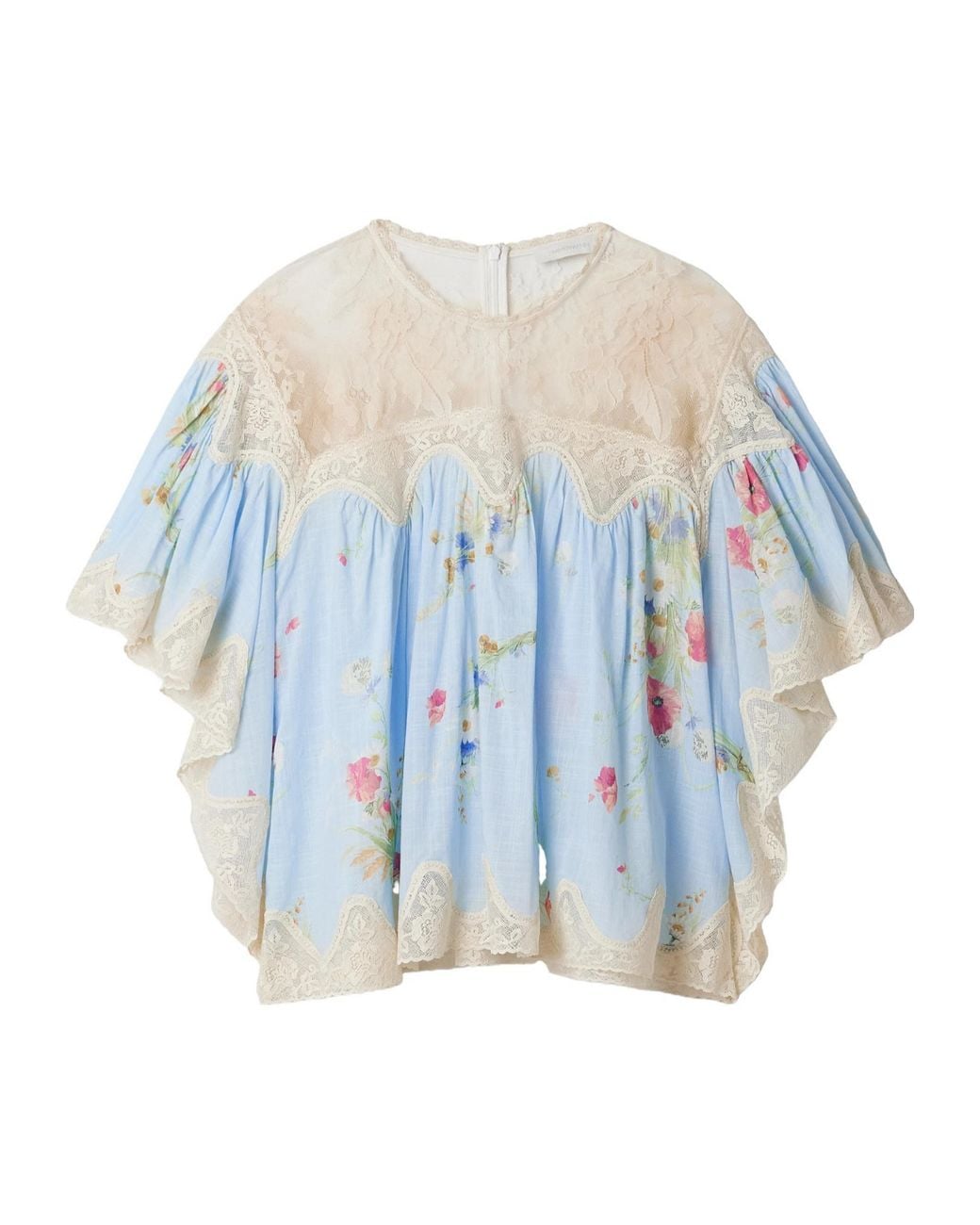 Zimmermann Blue Lace-Trimmed Floral-Print Cotton-Voile Blouse