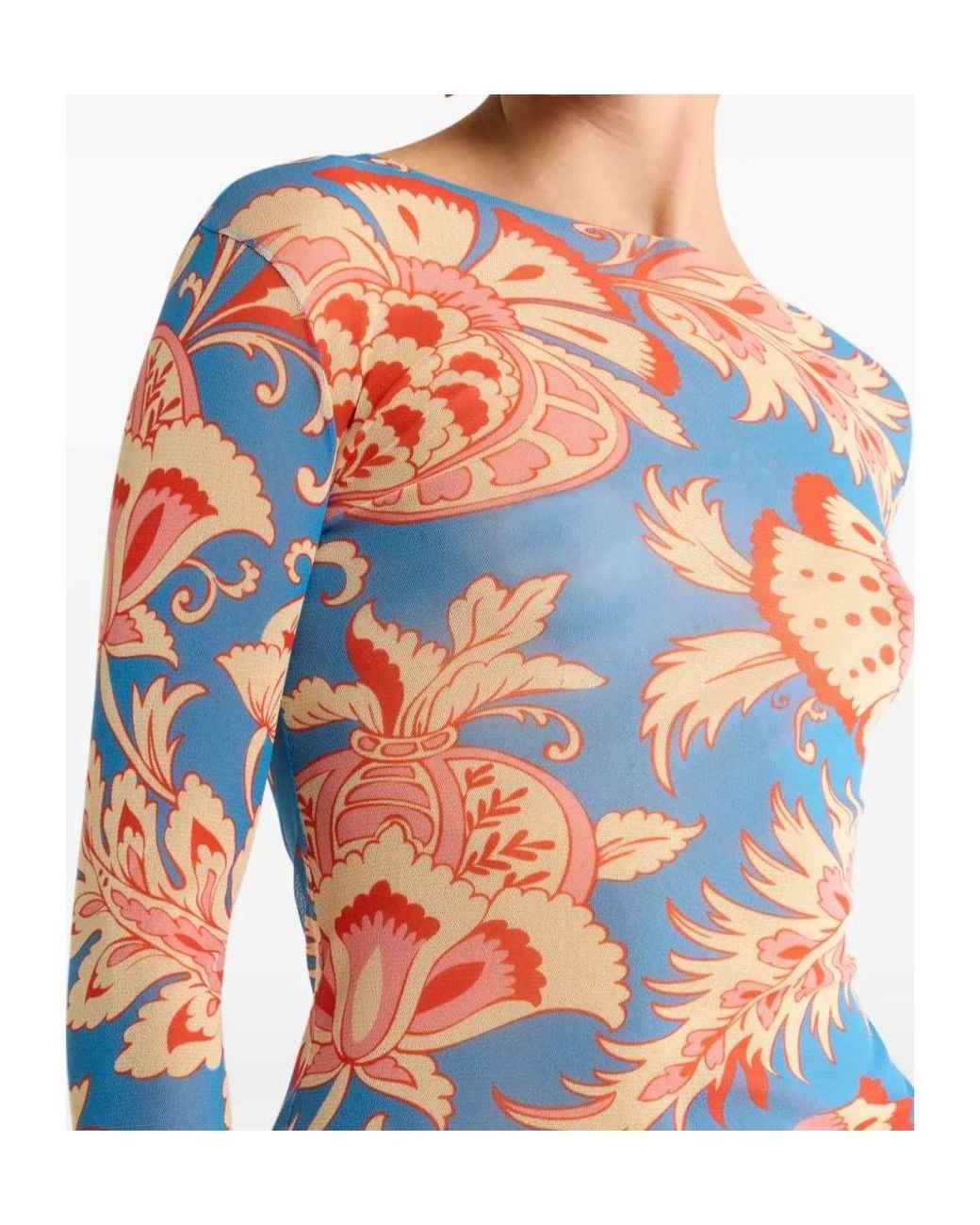 Etro Blue Floral-Motif Long-Sleeve Top