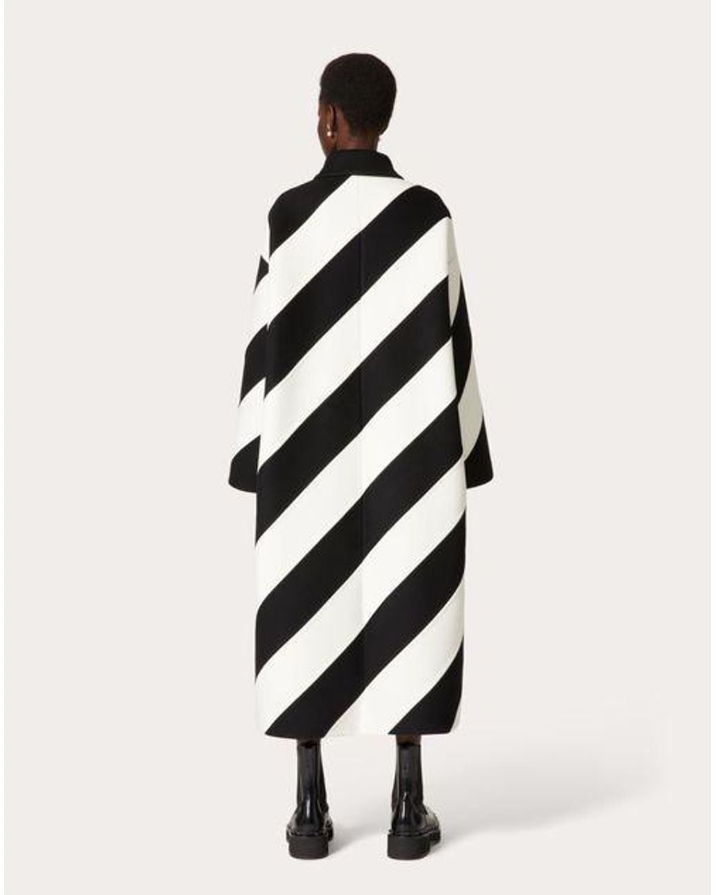 Valentino Black Stripe-Pattern Virgin Wool-Blend Coat
