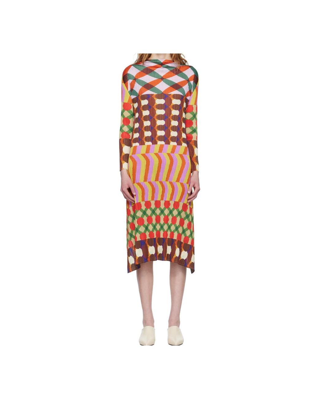 Pleats Please Issey Miyake White Pleated Print Dress