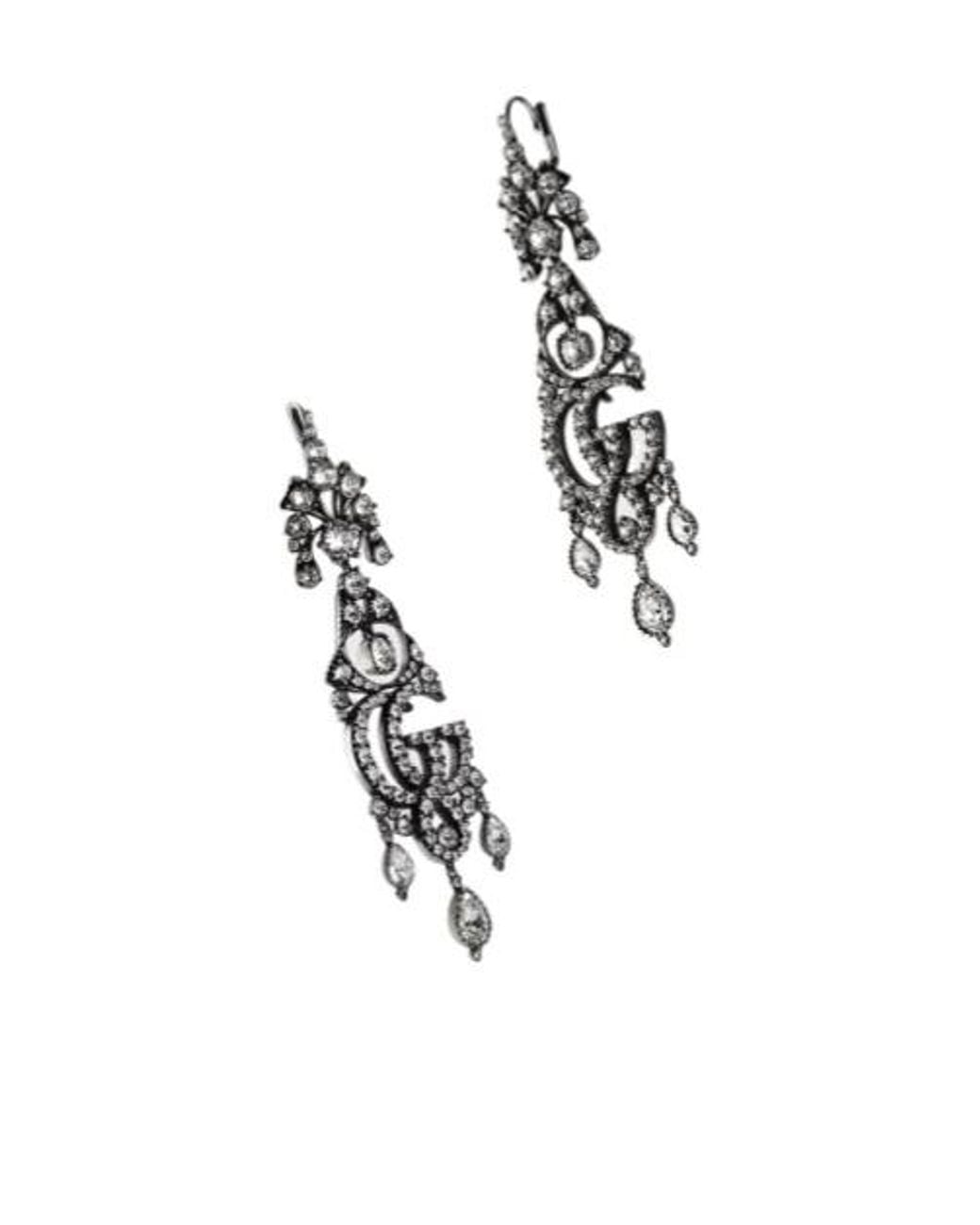 Gucci White Gg Marmont Crystal Chandelier Earrings