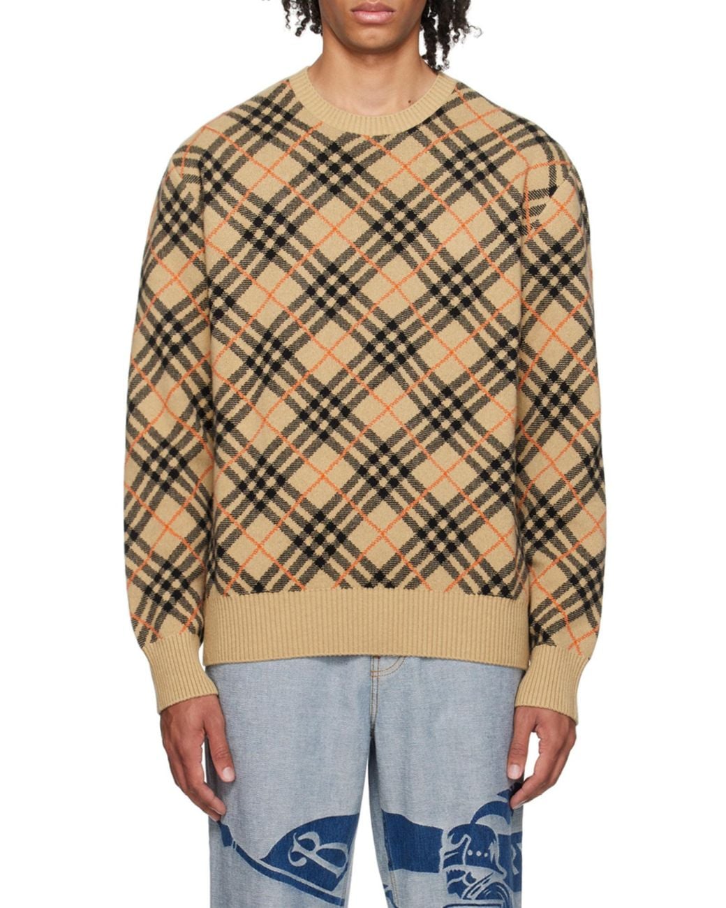 Burberry Brown Checked Knitted Crewneck Jumper for men