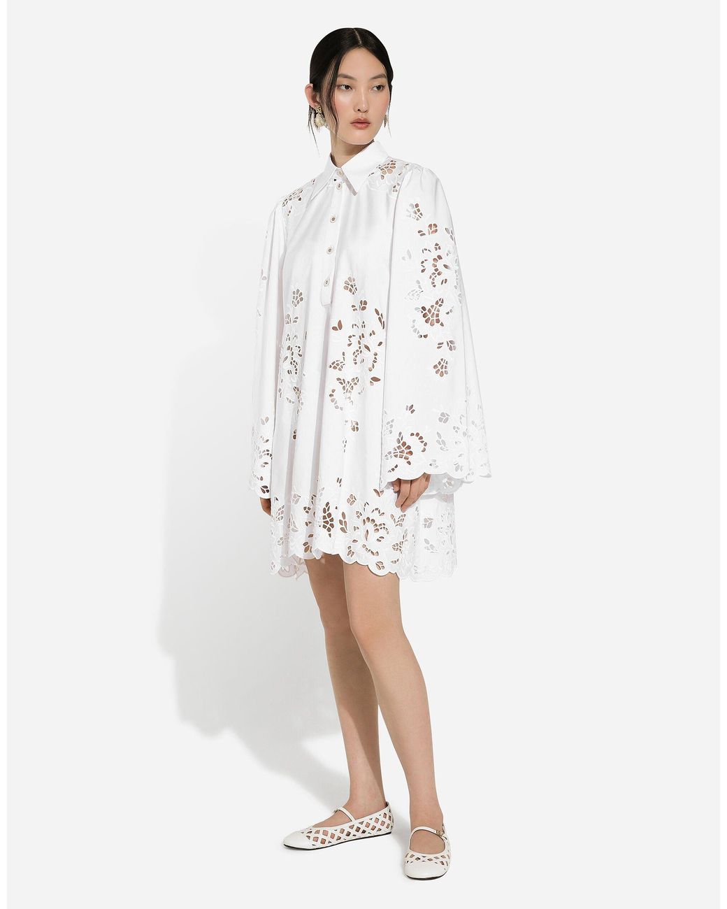 Dolce & Gabbana White Cut-Out Embroidered Poplin Shirt Dress