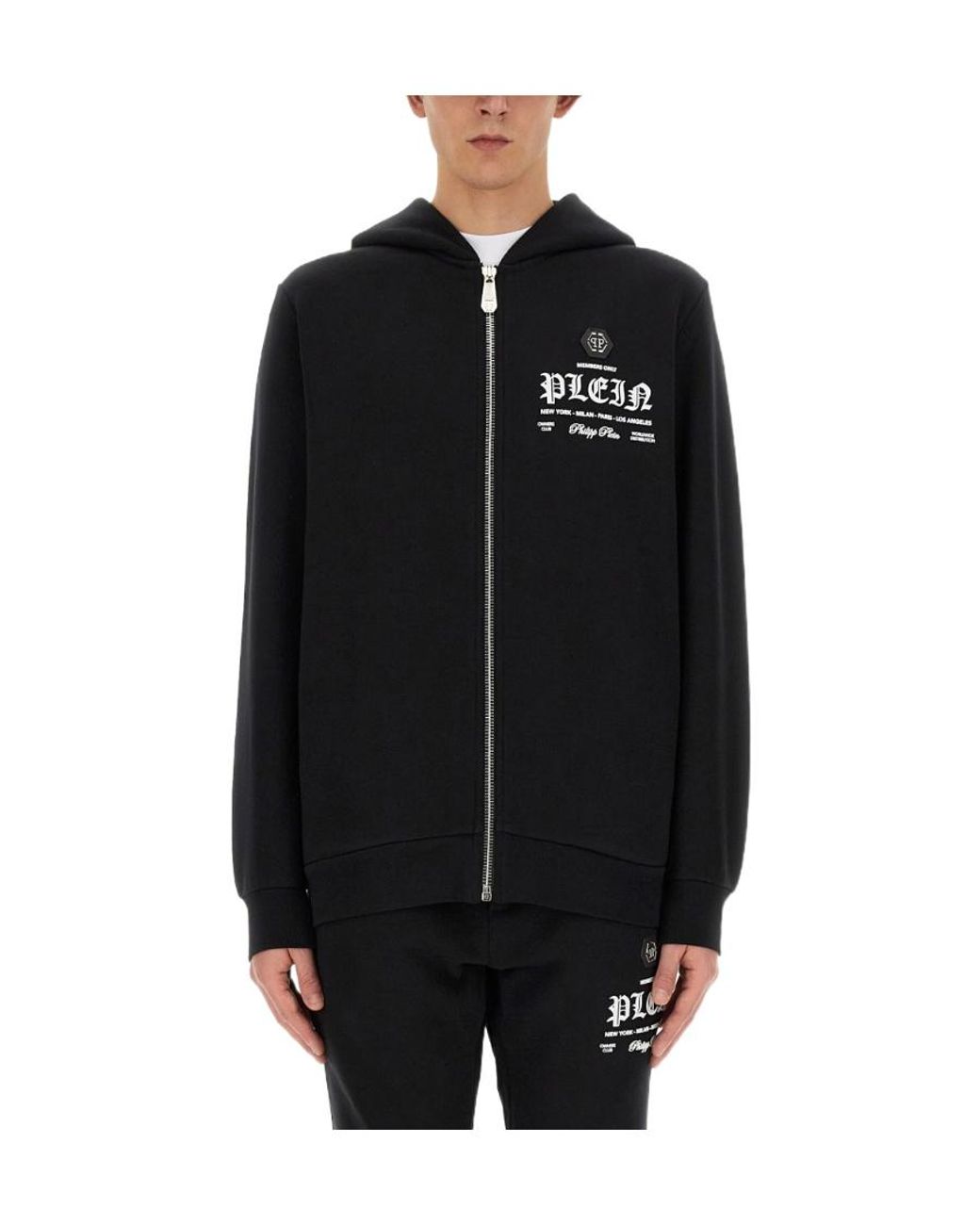 Philipp Plein Black Logo Printed Zipped Hoodie for men