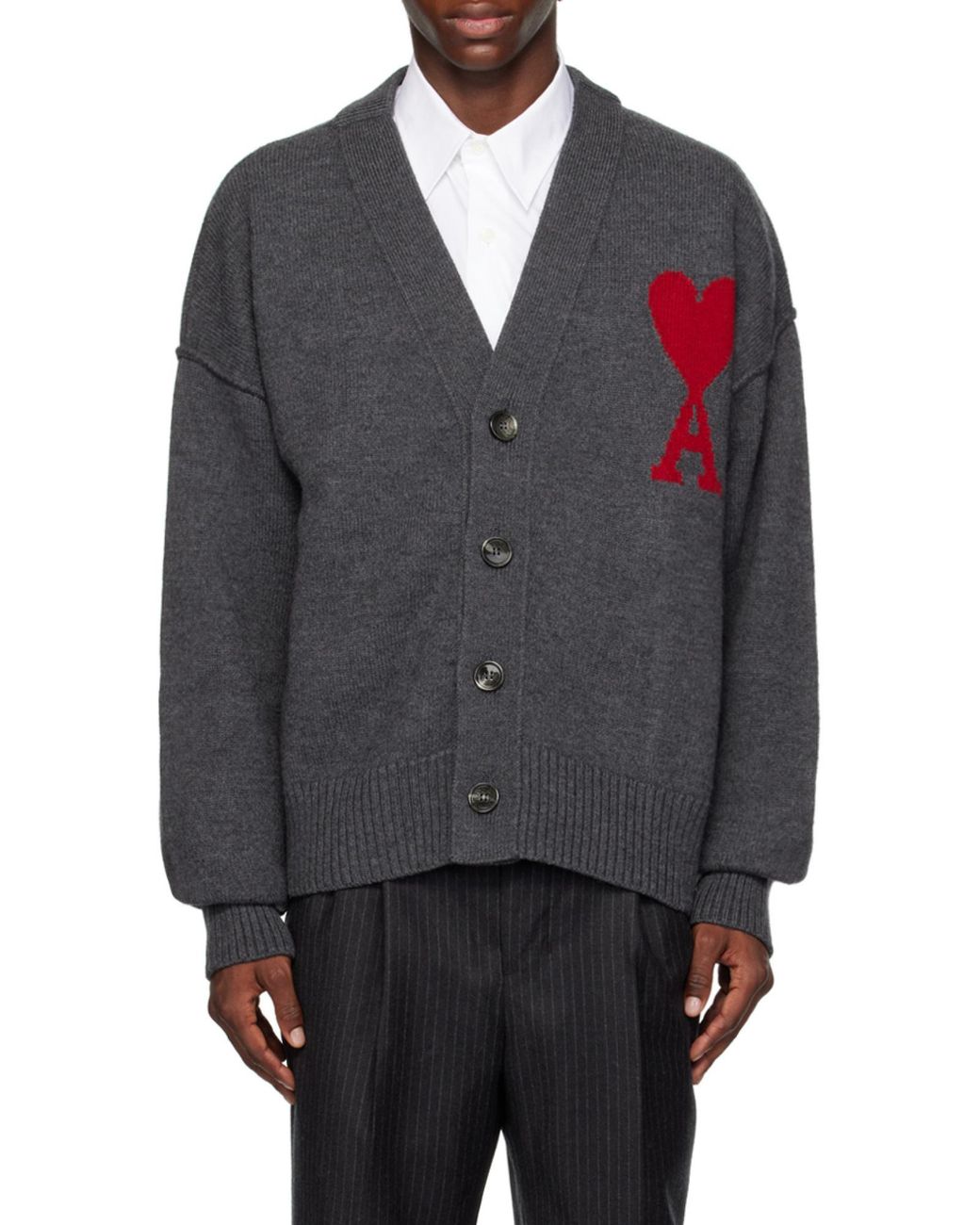 AMI Gray Ami De Coeur Logo Intarsia V-Neck Cardigan for men