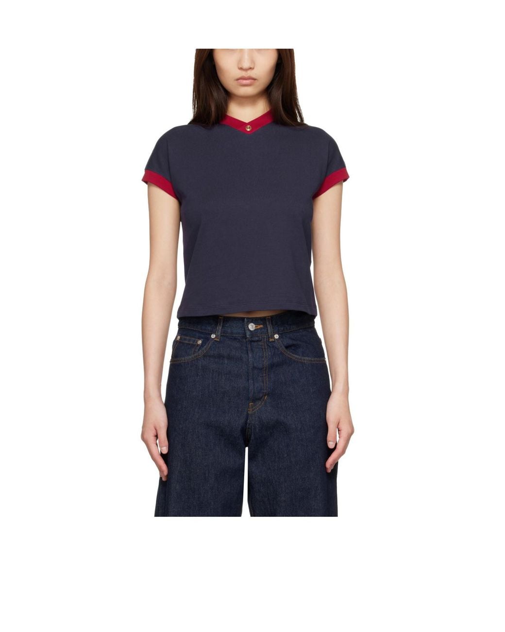 Versace Blue Contrast-Trim Cropped T-Shirt
