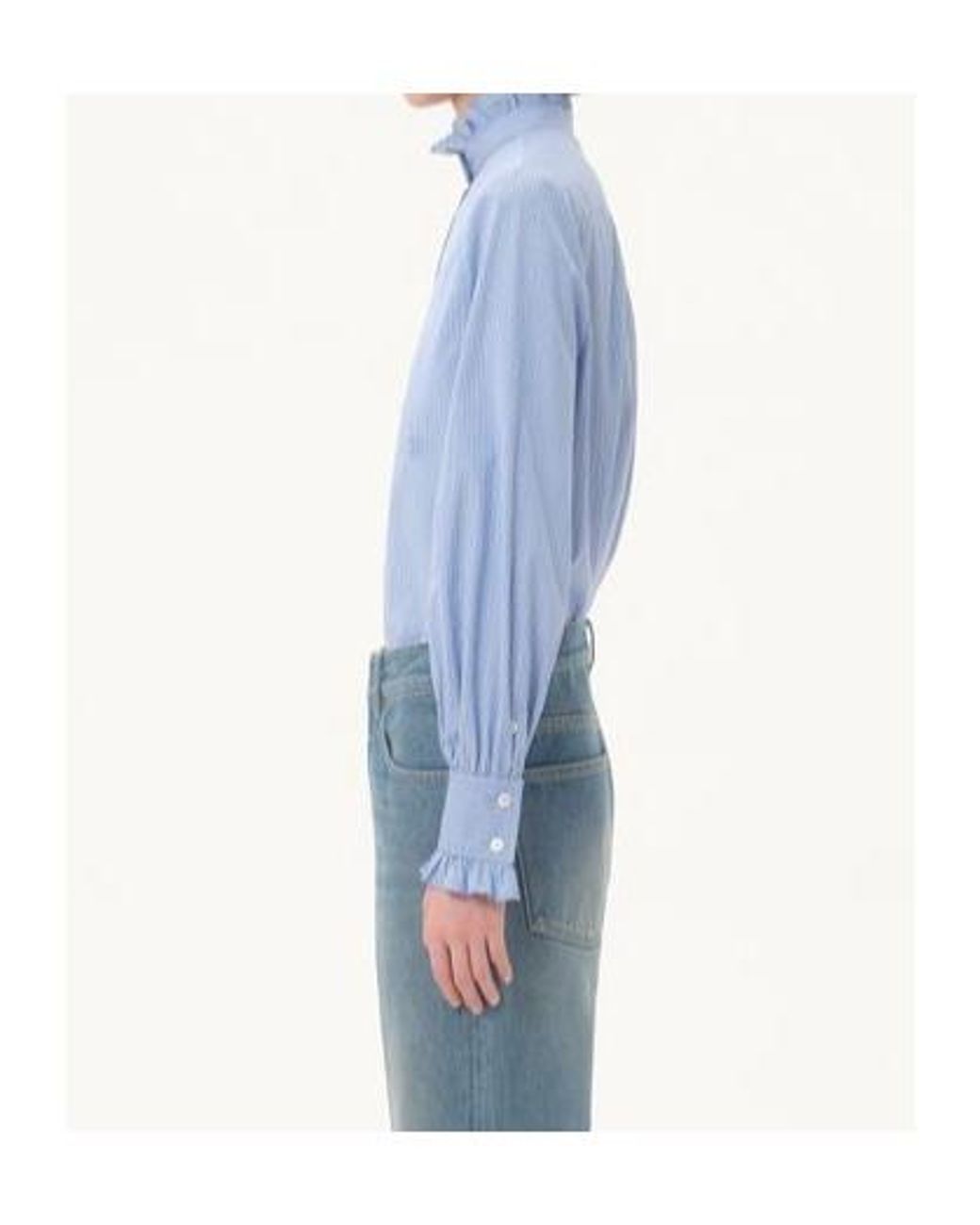 Valentino Blue Ruffled-Trim Striped Button-Up Shirt
