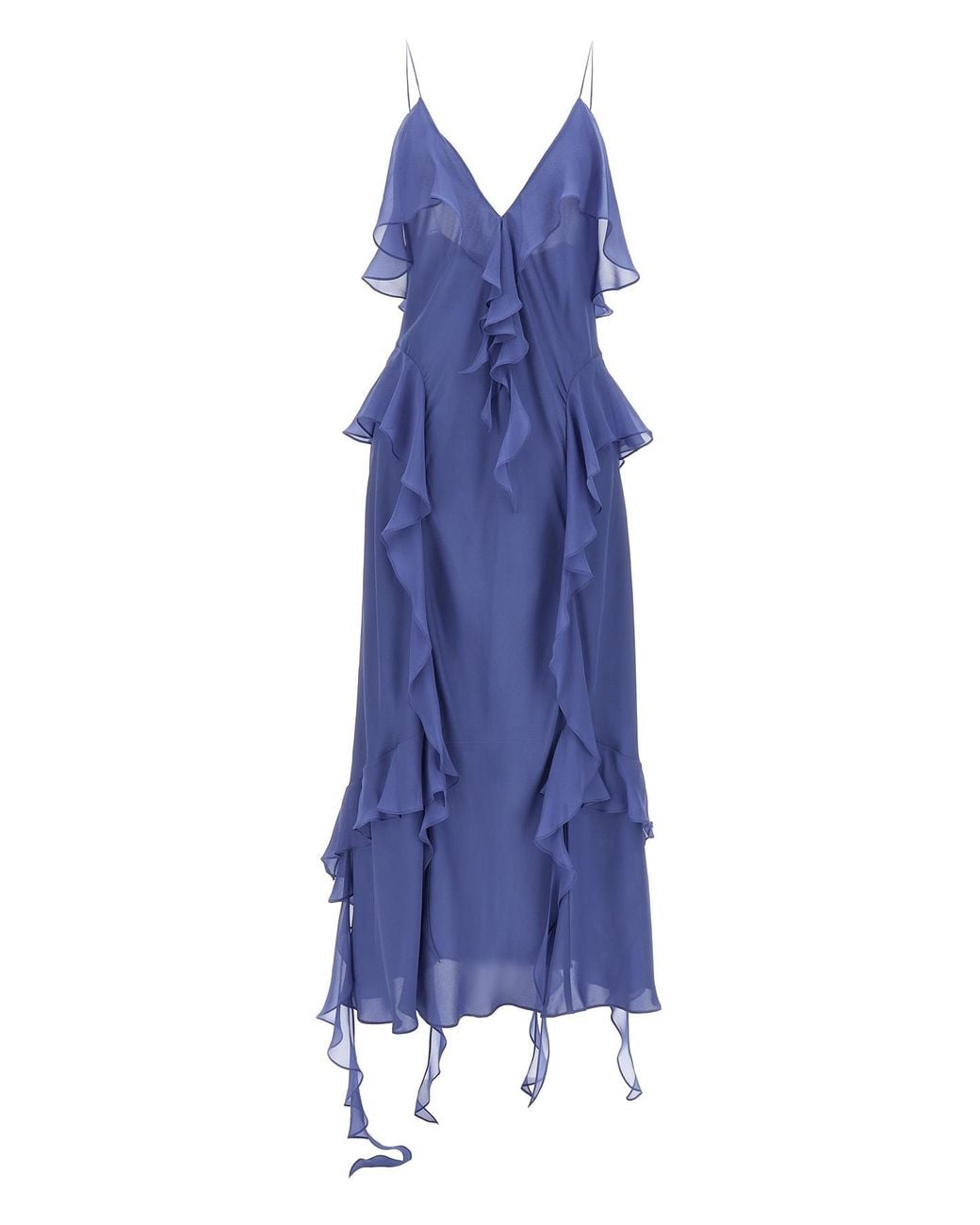 Khaite Blue Ruffle-Trim Plunging V-Neck Maxi Dress