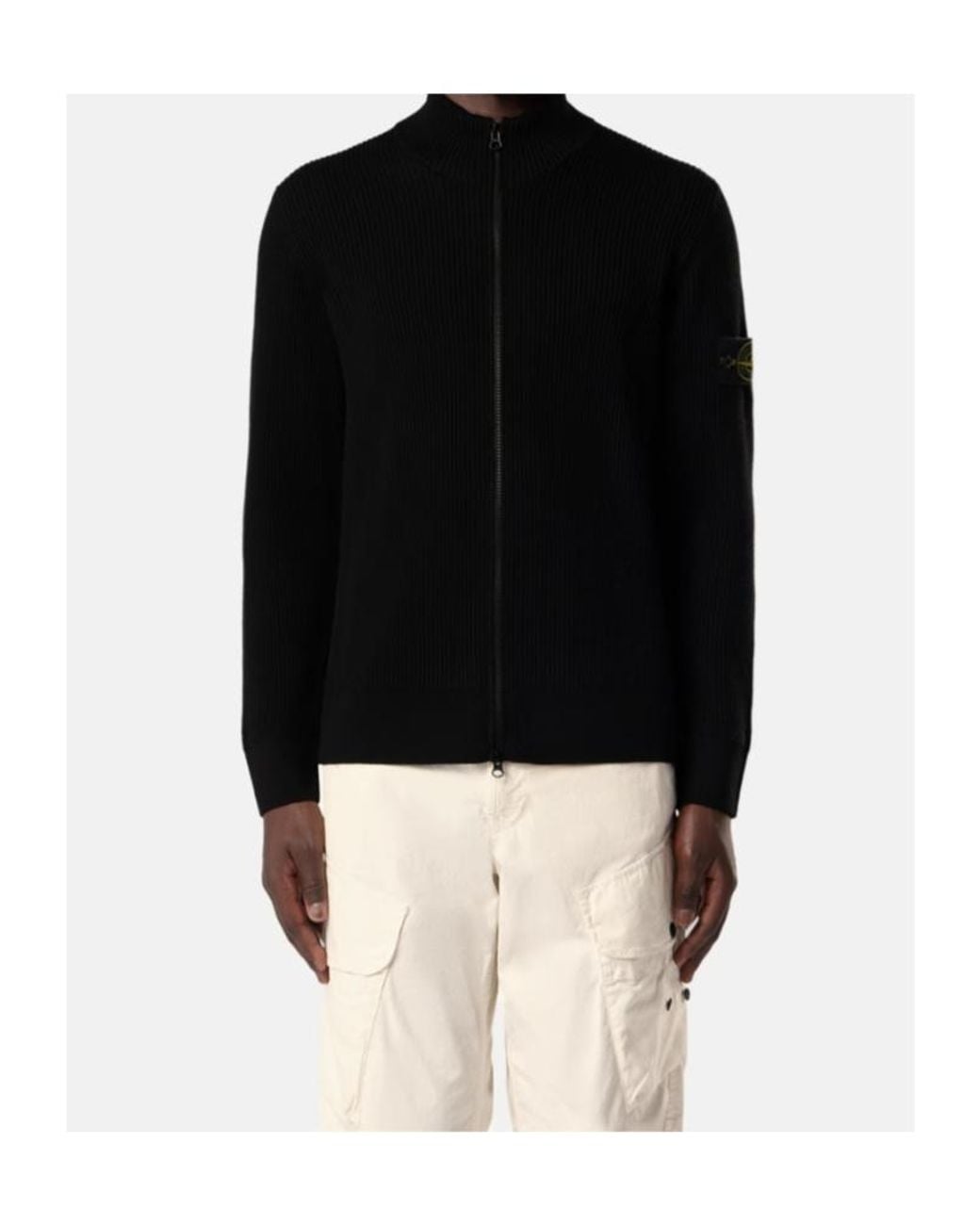 Stone Island Black Ribbed Full Zip Cardigan for men