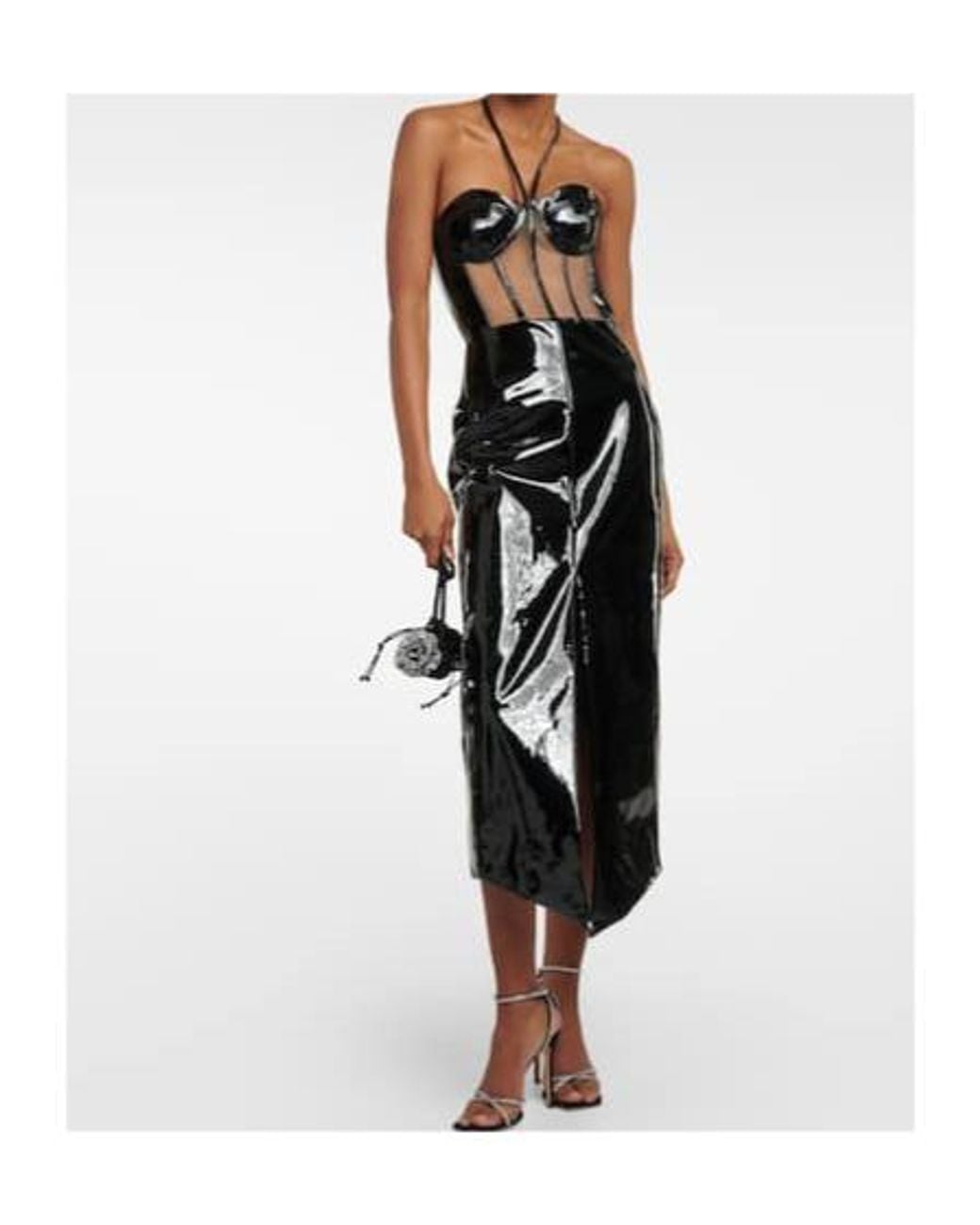 David Koma Black Corset Patent Leather Midi Dress