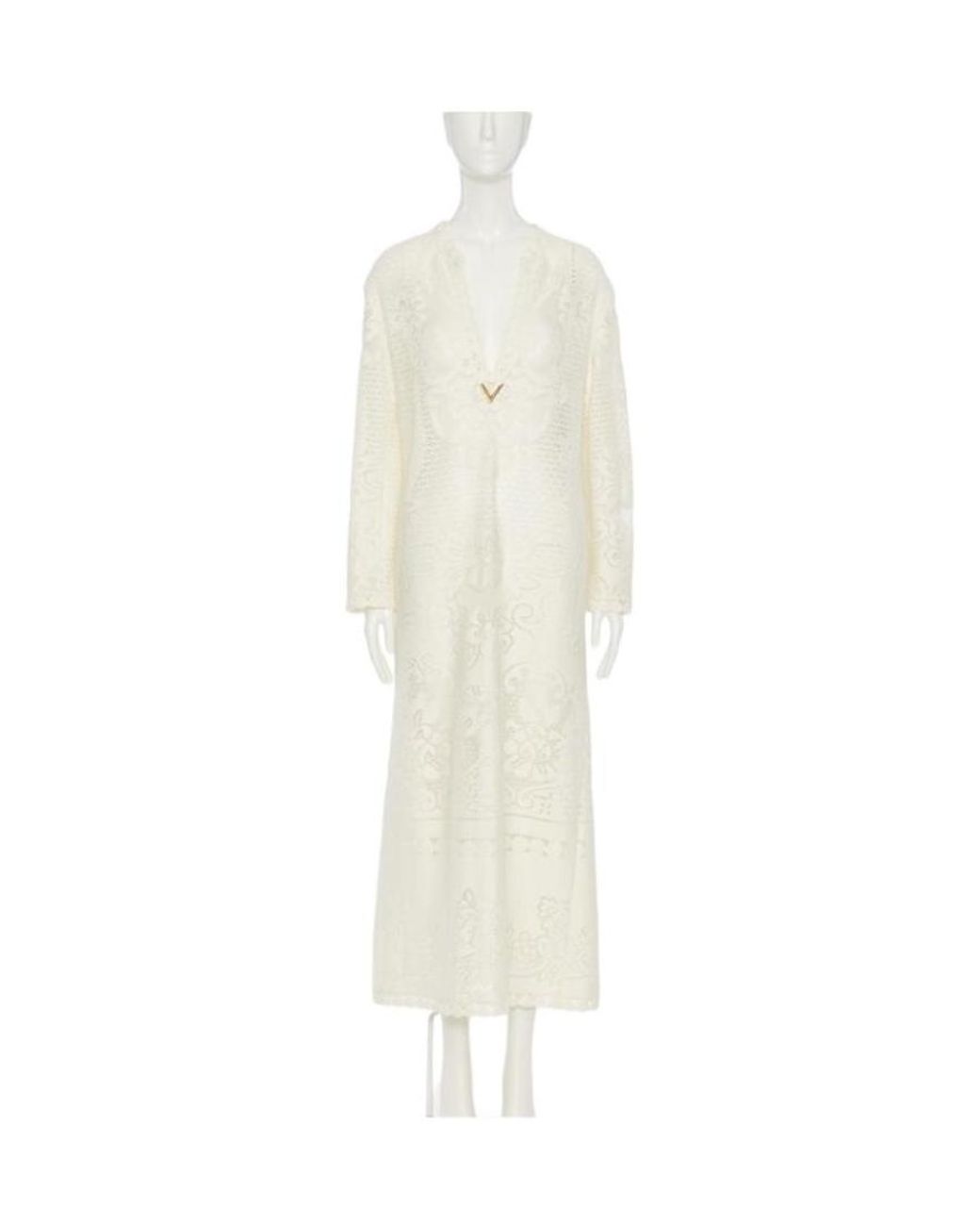 Valentino White Logo Plaque Flared Long-Sleeved Dress