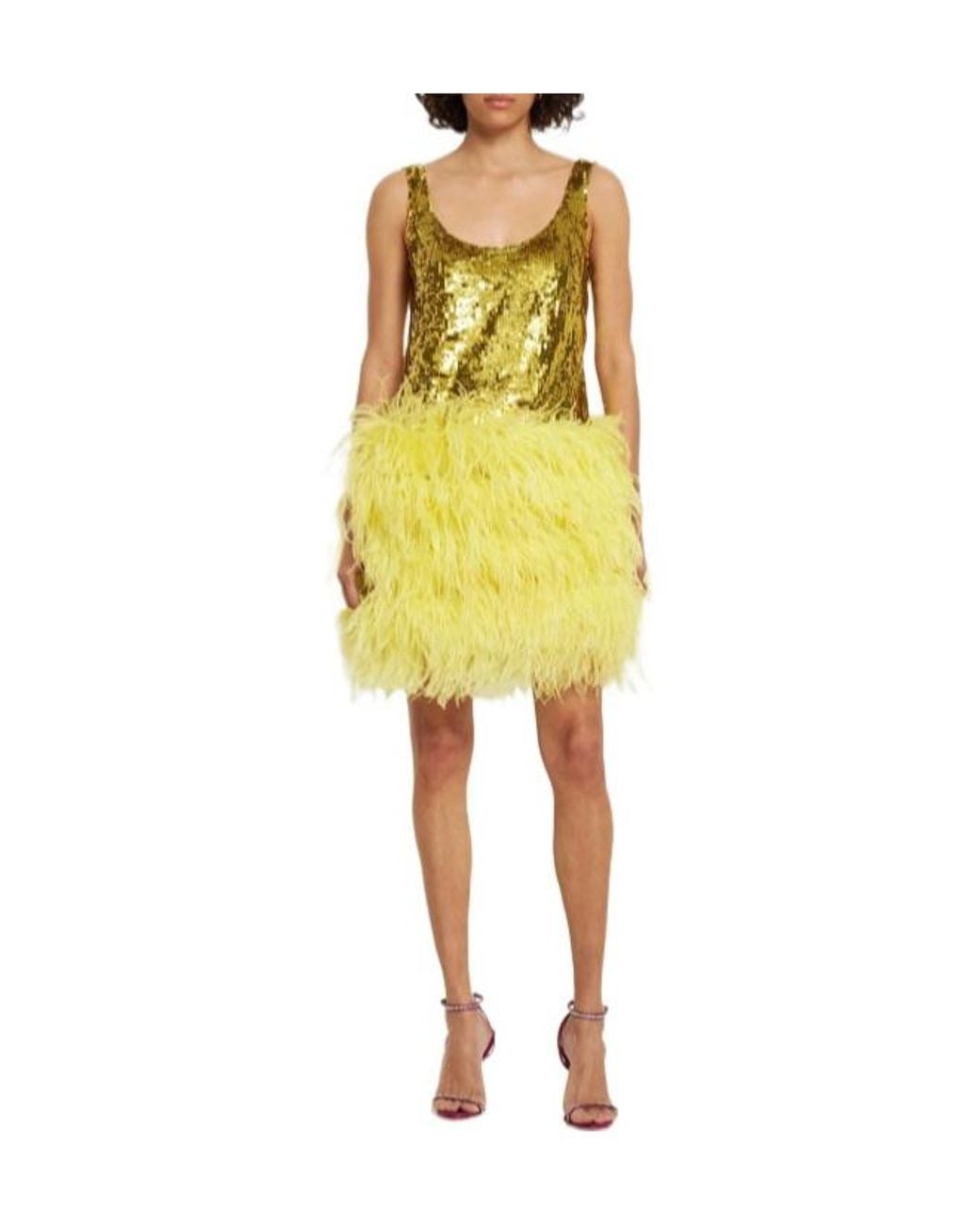 Valentino Yellow Sequined Mini Dress W/ Feathers