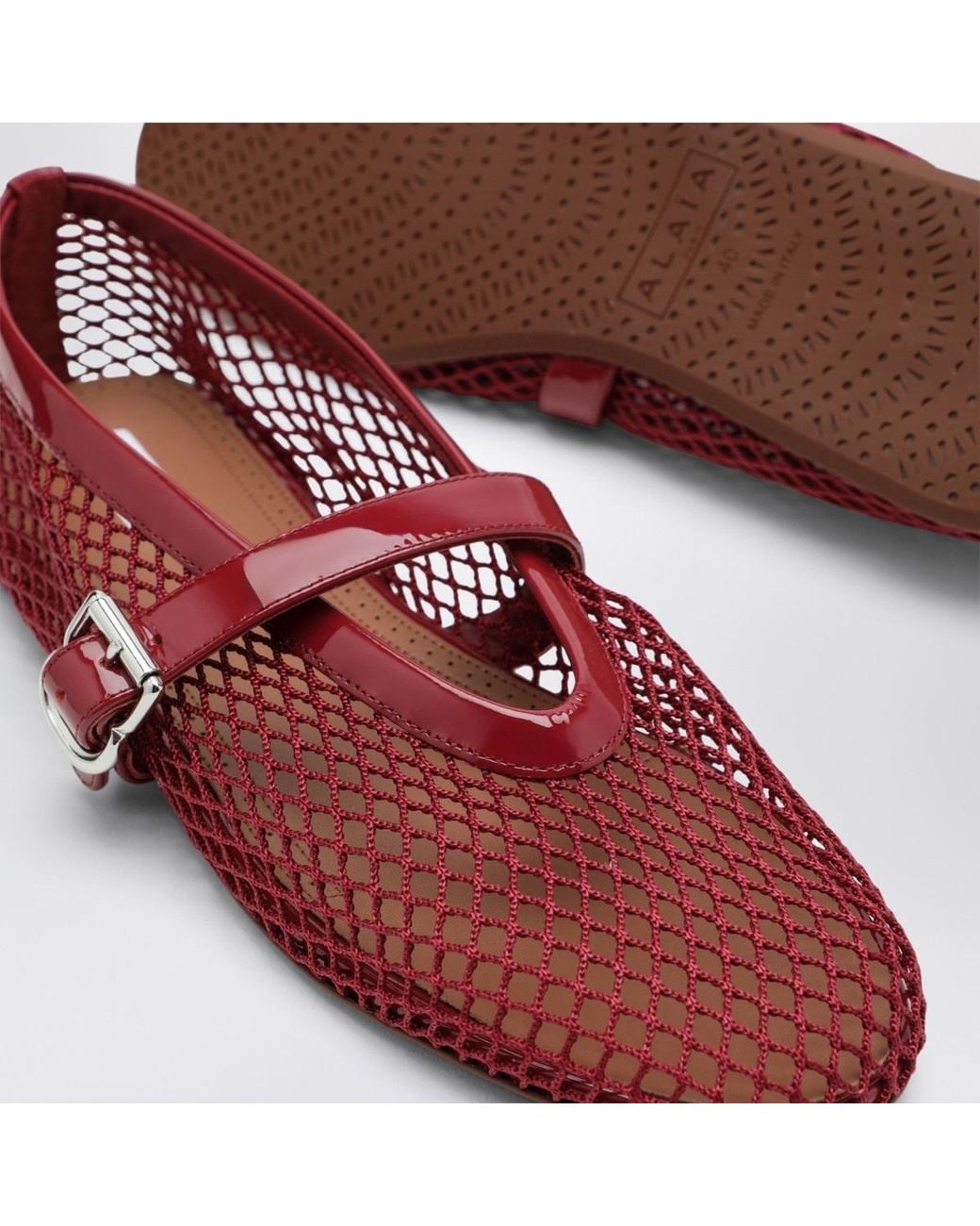 Alaïa Red Buckled Mesh Ballet Flats