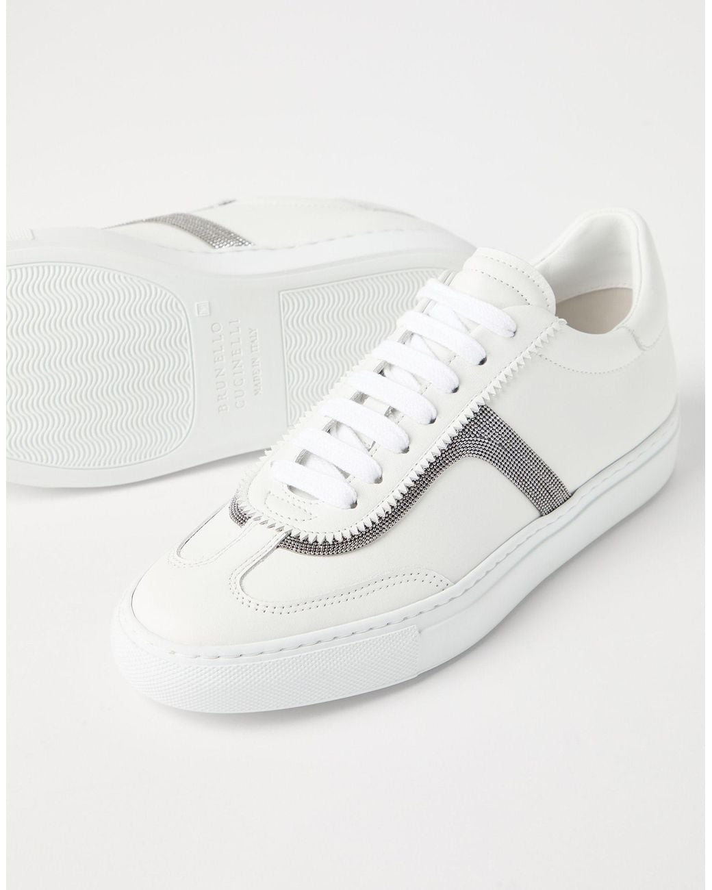 Brunello Cucinelli White Precious Detailed Lace-Up Sneakers