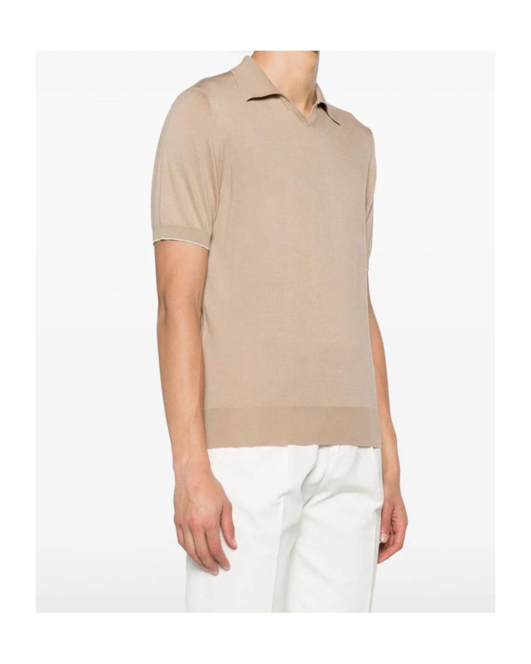 Brunello Cucinelli Natural Short-Sleeved Fine-Knitted Polo Shirt for men