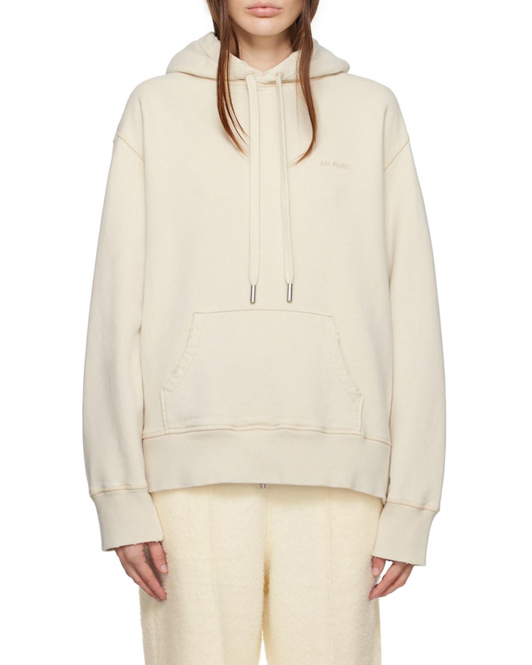 AMI Natural Ami Logo Embroidered Drawstring Hoodie for men