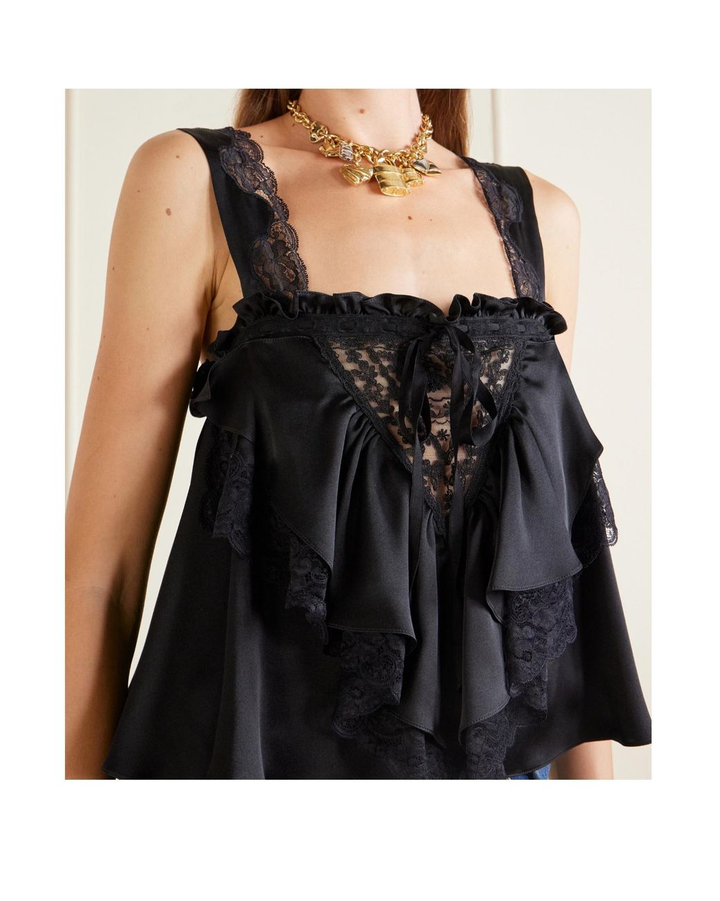 Chloé Black Lace-Trim Ruffled Top