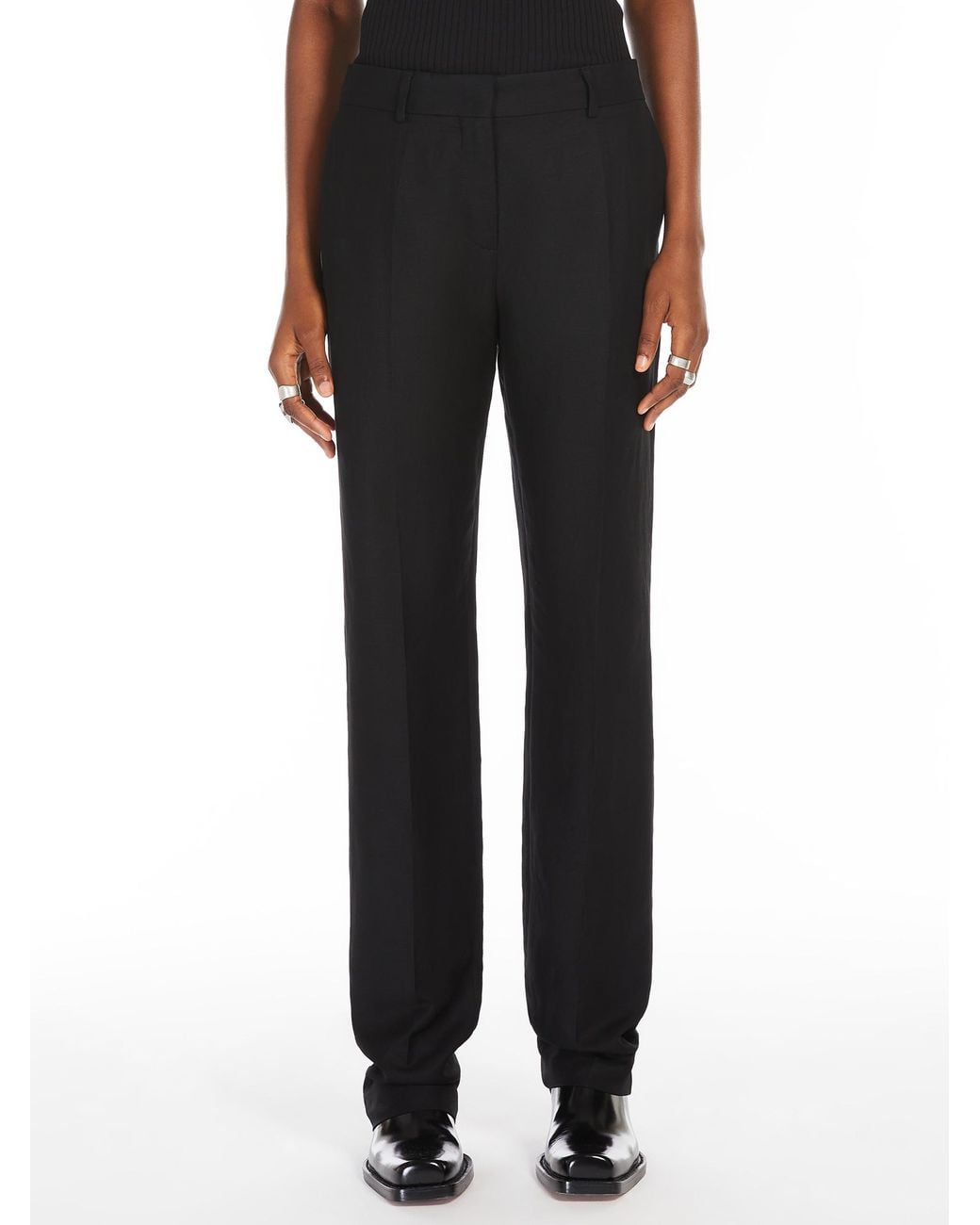 Sportmax Black Flared Viscose And Linen Twill Trousers
