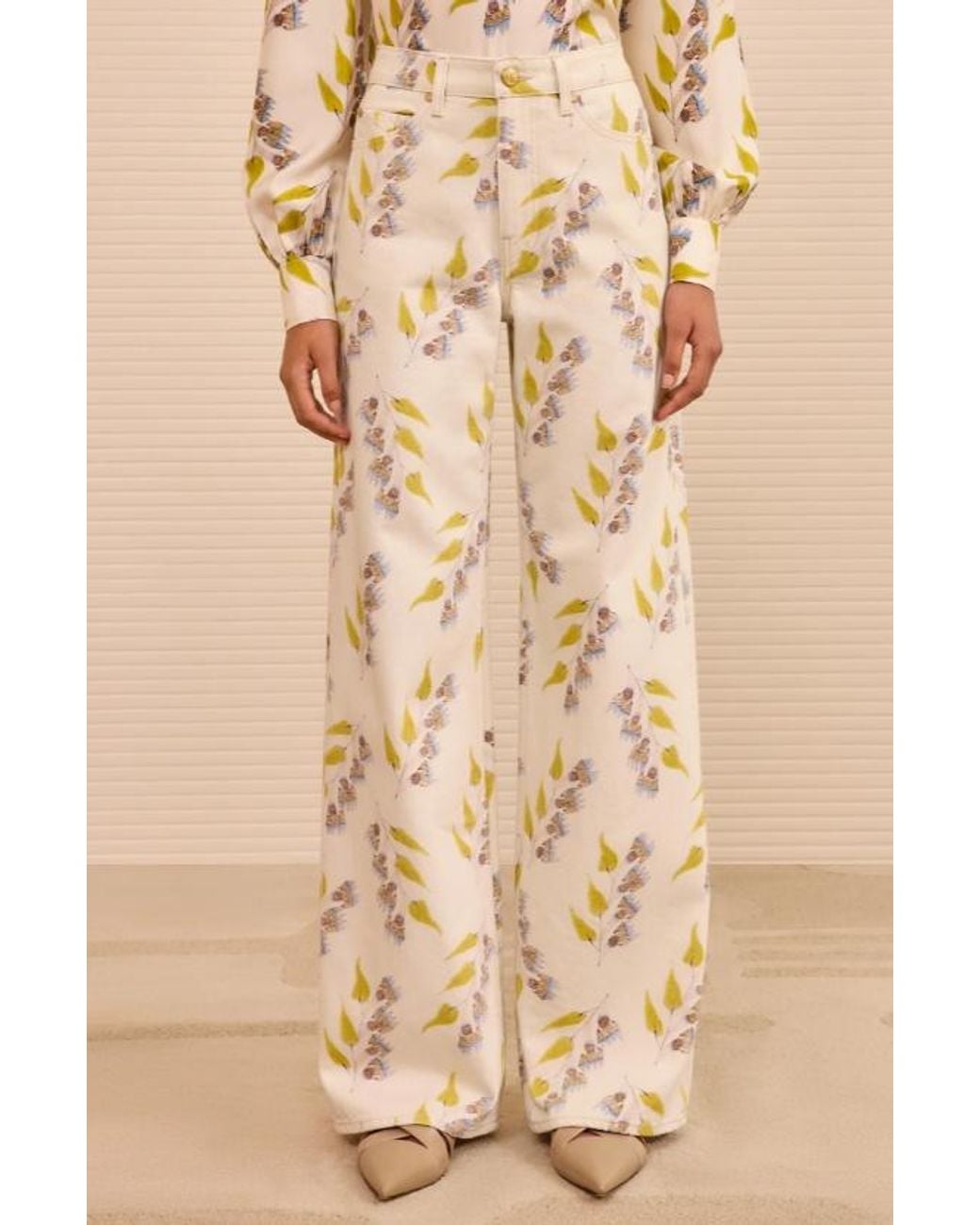 Ulla Johnson Natural Floral Mid-Rise Wide-Leg Jeans