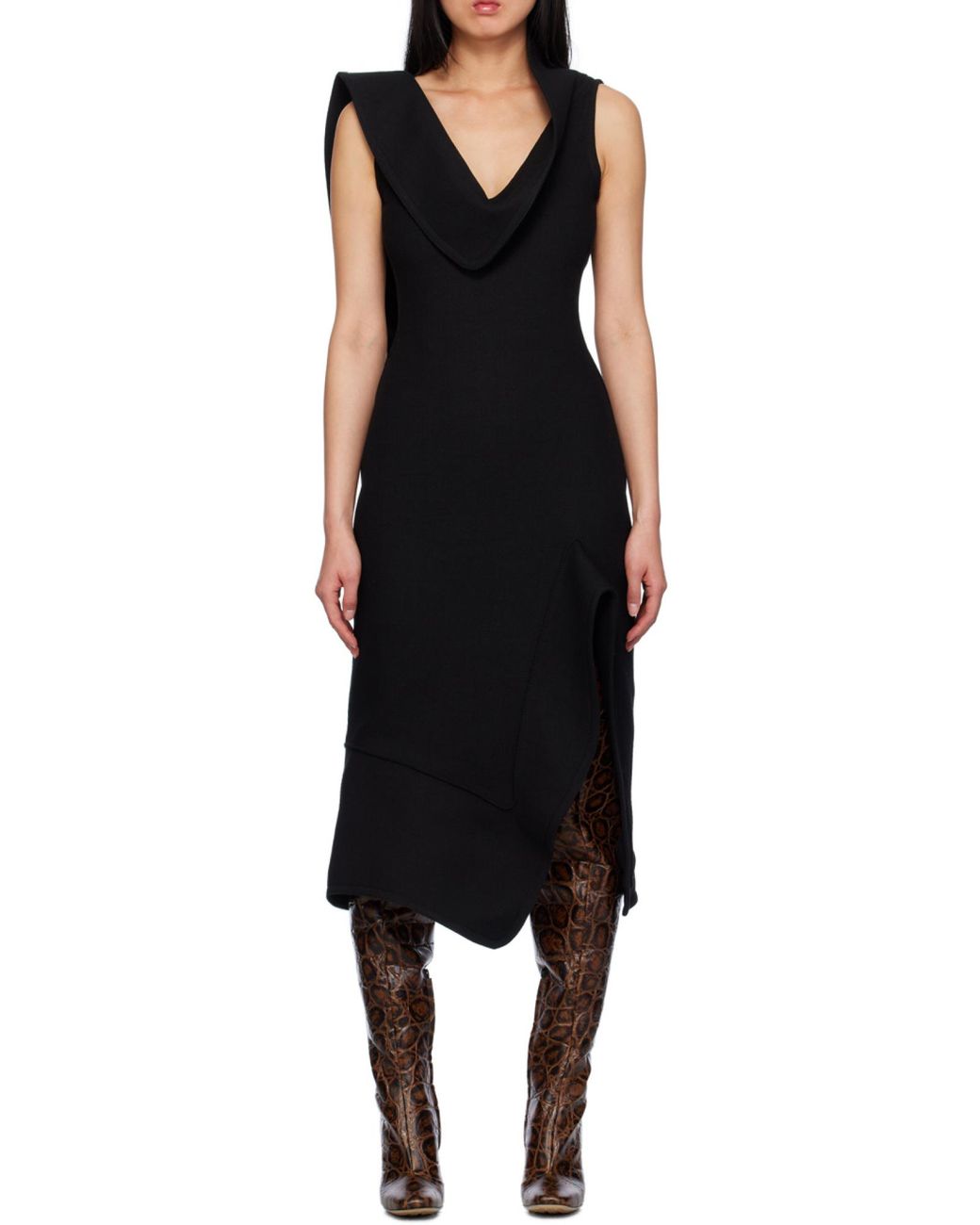 Bottega Veneta Black Structured V-Neck Midi Dress